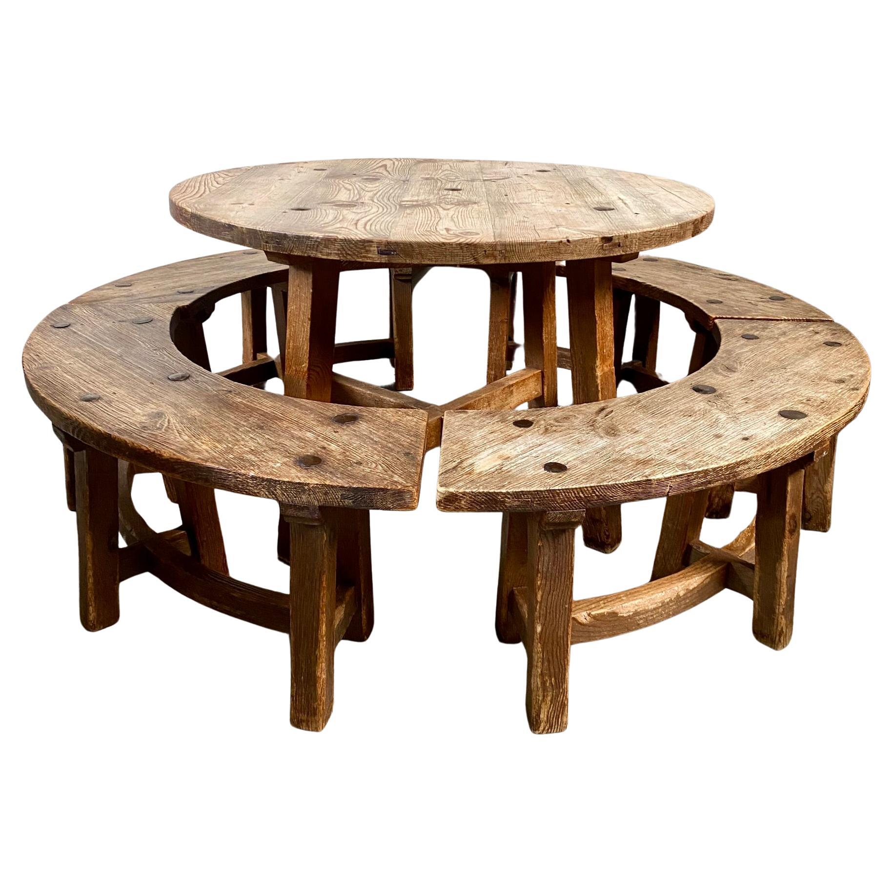 Solid Oak Round Rustic Brutalist Wabi Sabi Dining Table Set, France 1950 For Sale