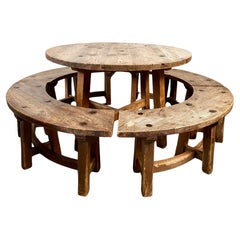 Used Solid Oak Round Rustic Brutalist Wabi Sabi Dining Table Set, France 1950