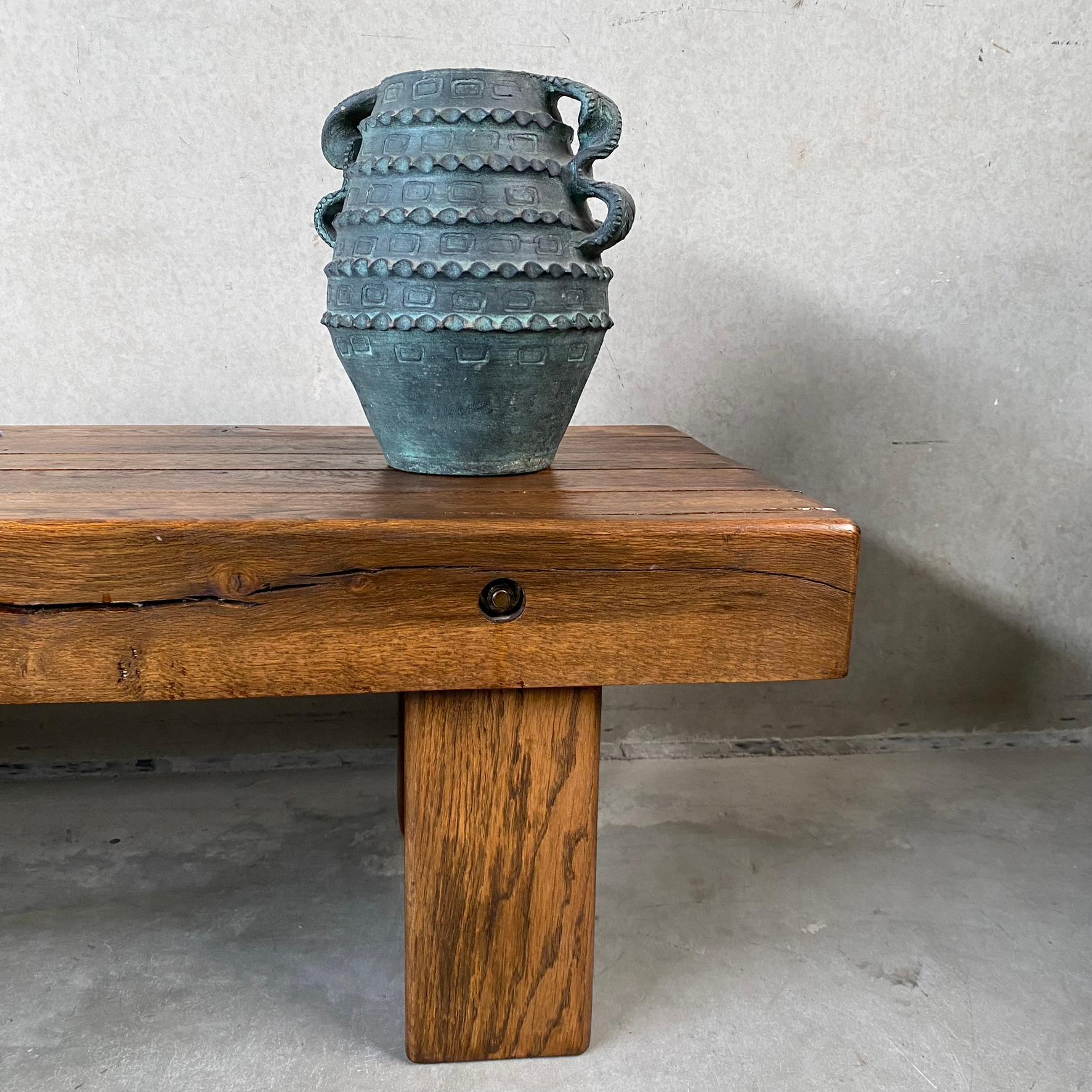 Hand-Carved Solid Oak Rustic Brutalist Wabi Sabi Beam Coffee Table, France 1960 For Sale