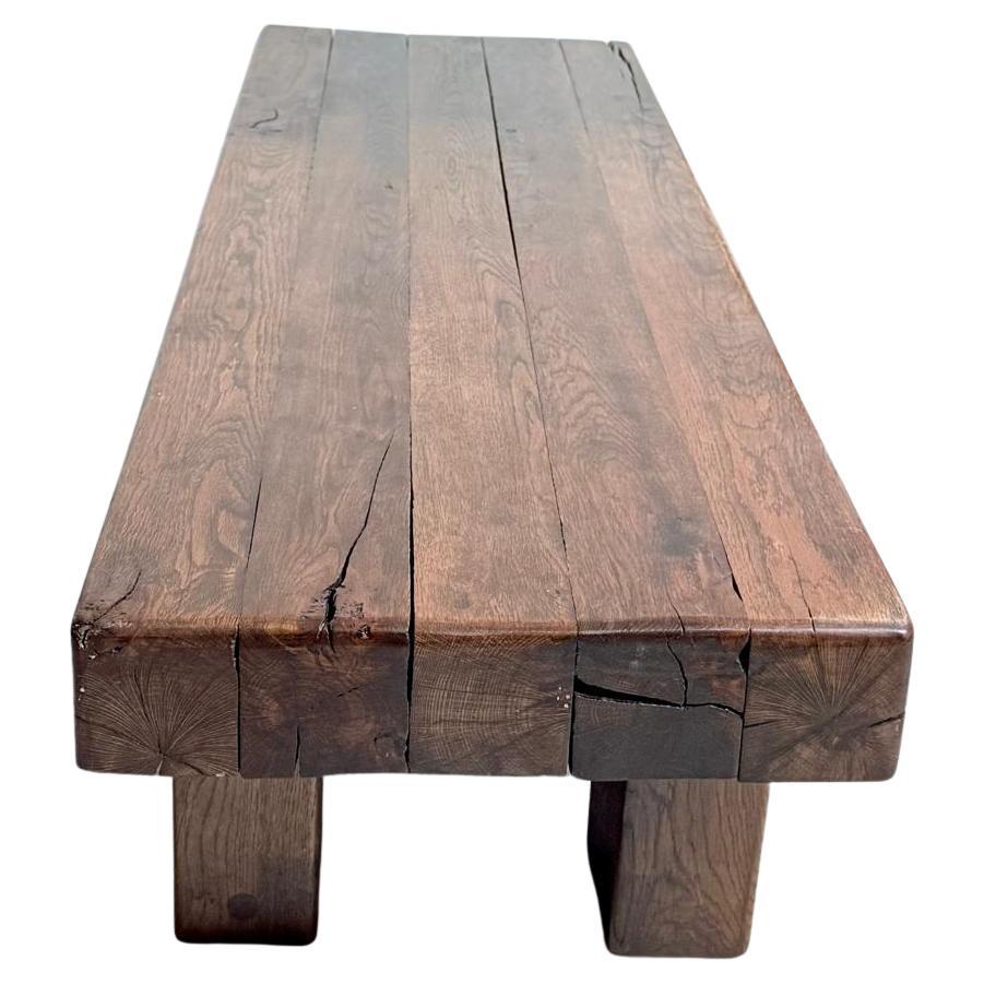 Solid Oak Rustic Brutalist Wabi Sabi Beam Coffee Table, France 1960