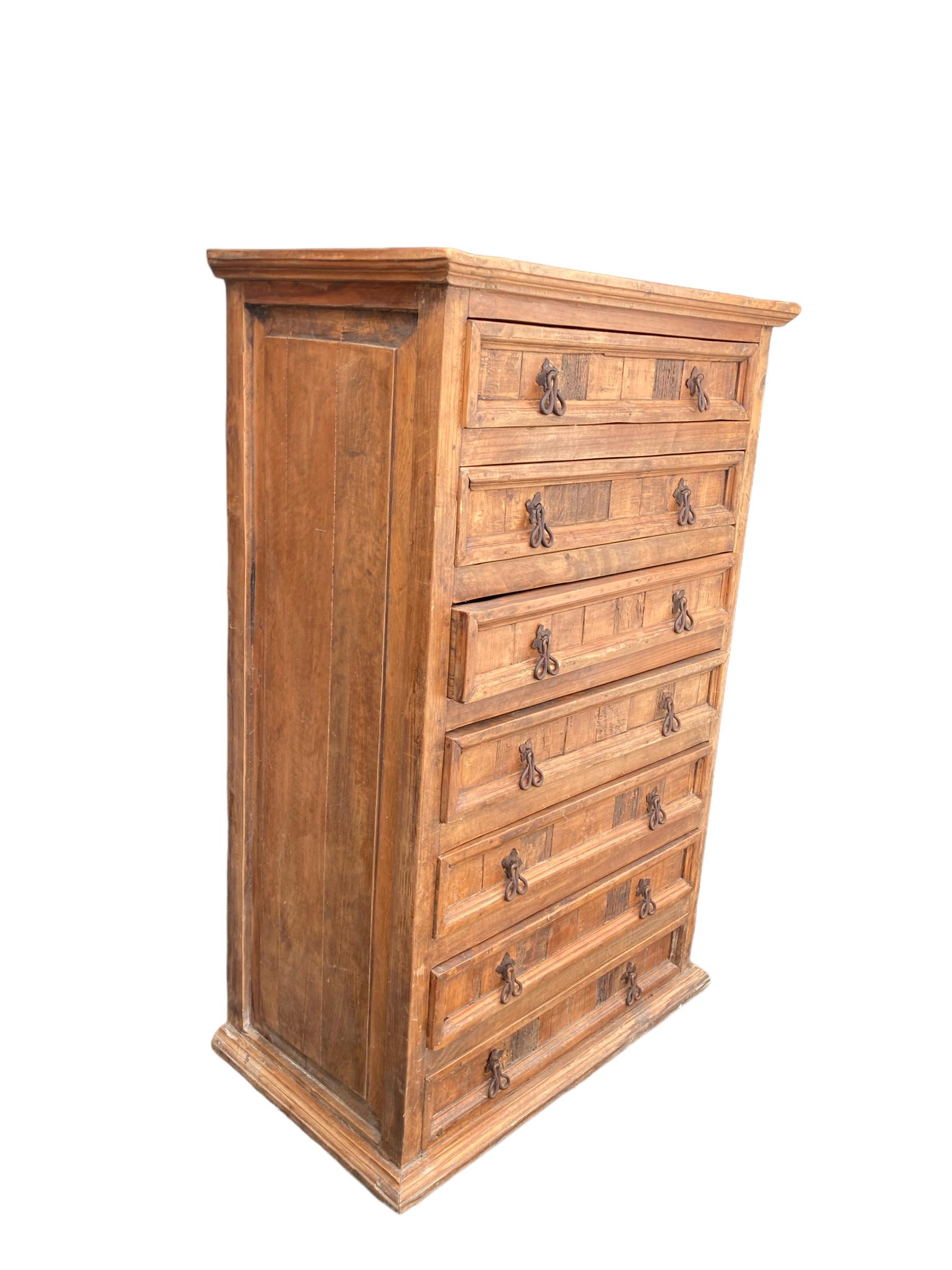 Solid Oak Rustic Tall Boy or High Chest, 7 Large Drawers, Mid Century For Sale 7