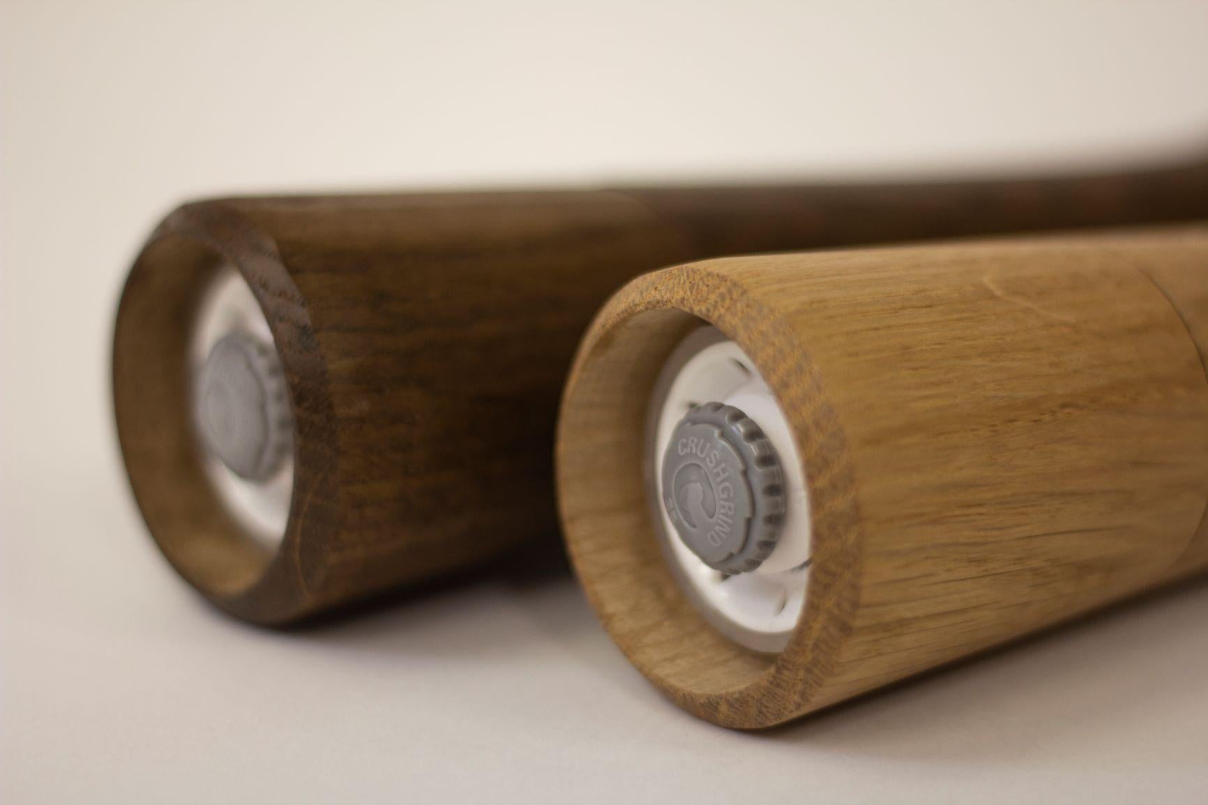 Our salt and pepper mills are hand turned from solid English oak here in Norfolk, England. We work closely with local timber suppliers to ensure the quality of the oak and it's local provenance and sustainability.
They are available in two colors,