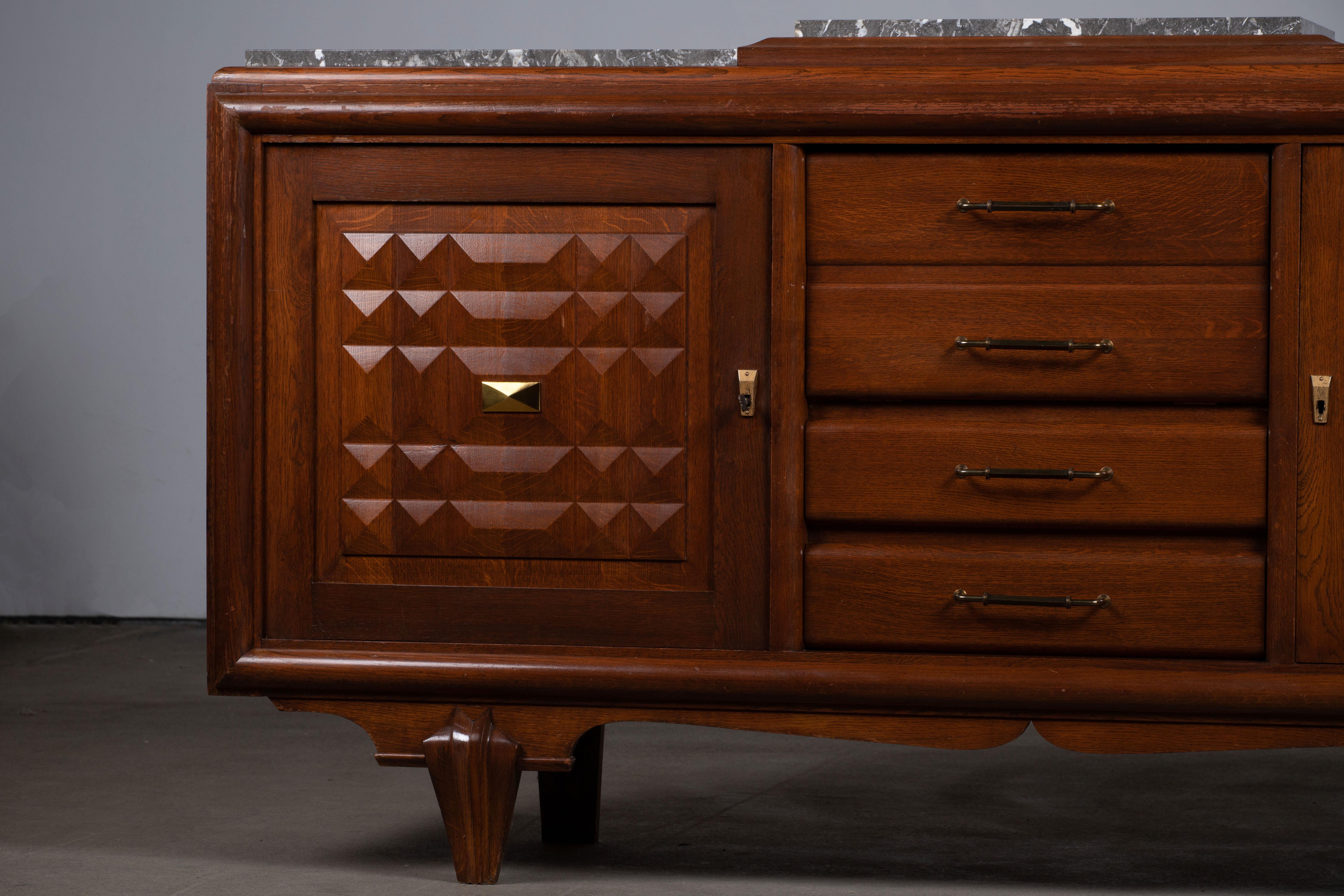 Mid-20th Century Solid Oak Sideboard, Art Deco, France, 1940s For Sale