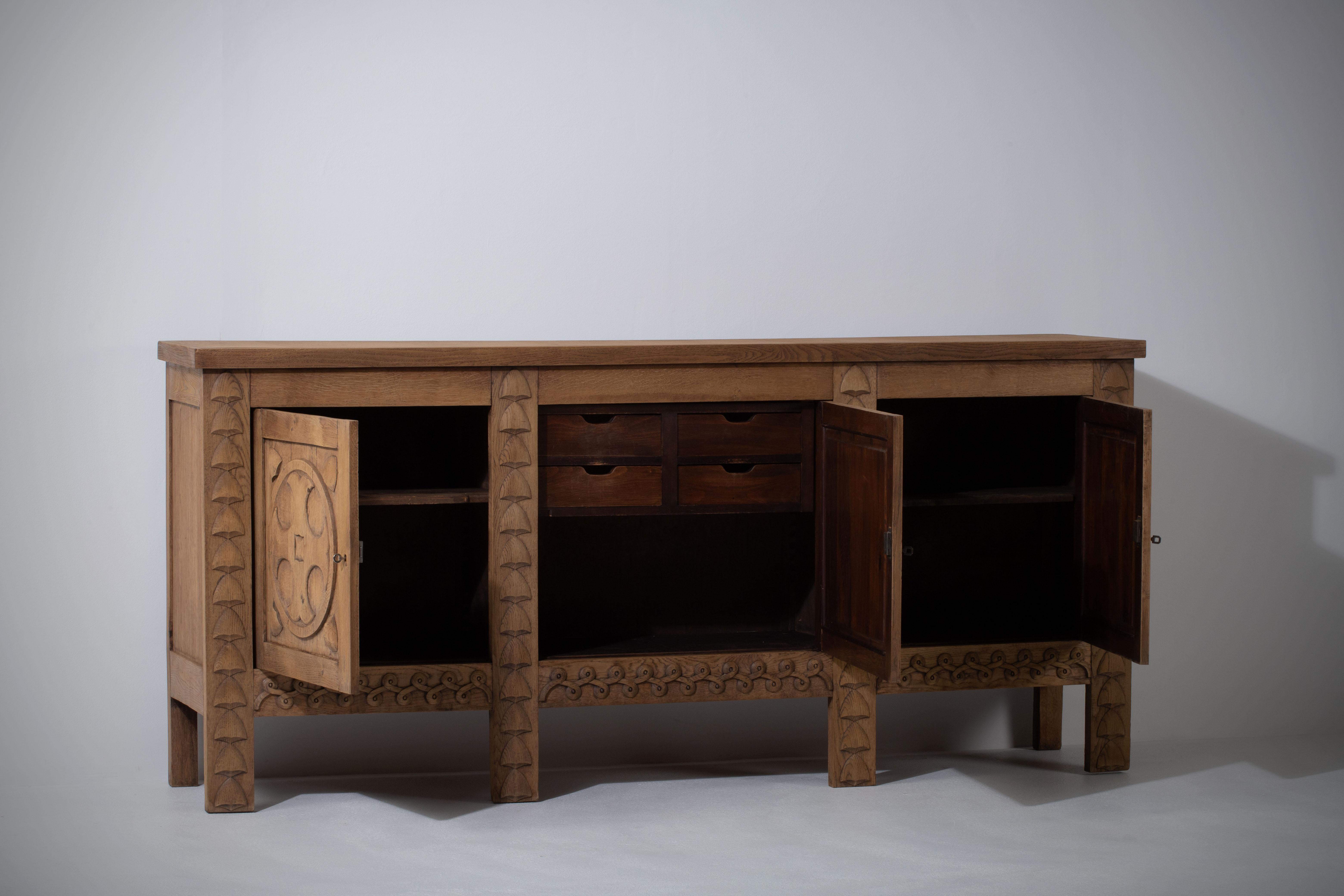 Solid Oak Sideboard with hand carved Details, France, 1950 5