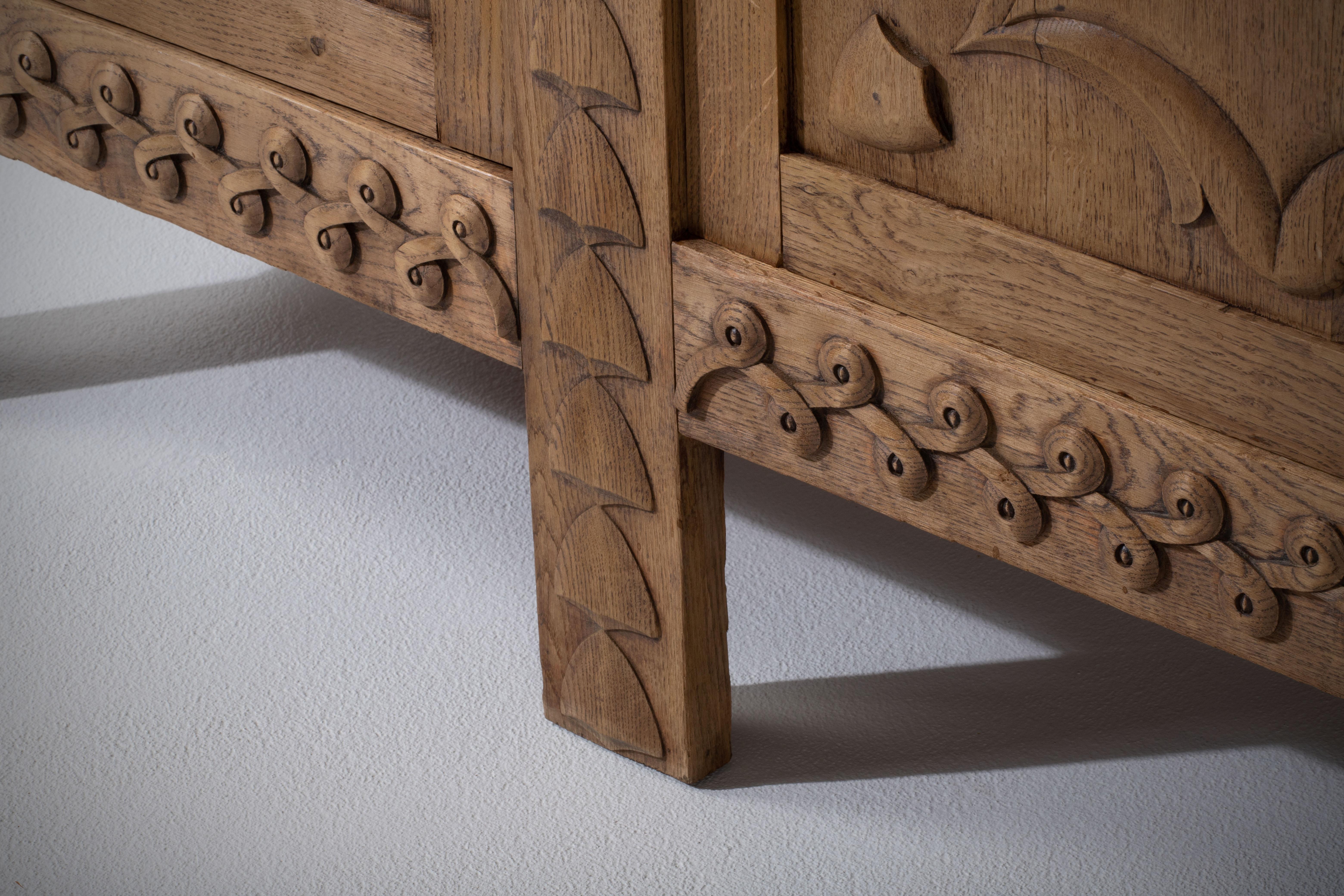 French Solid Oak Sideboard with hand carved Details, France, 1950