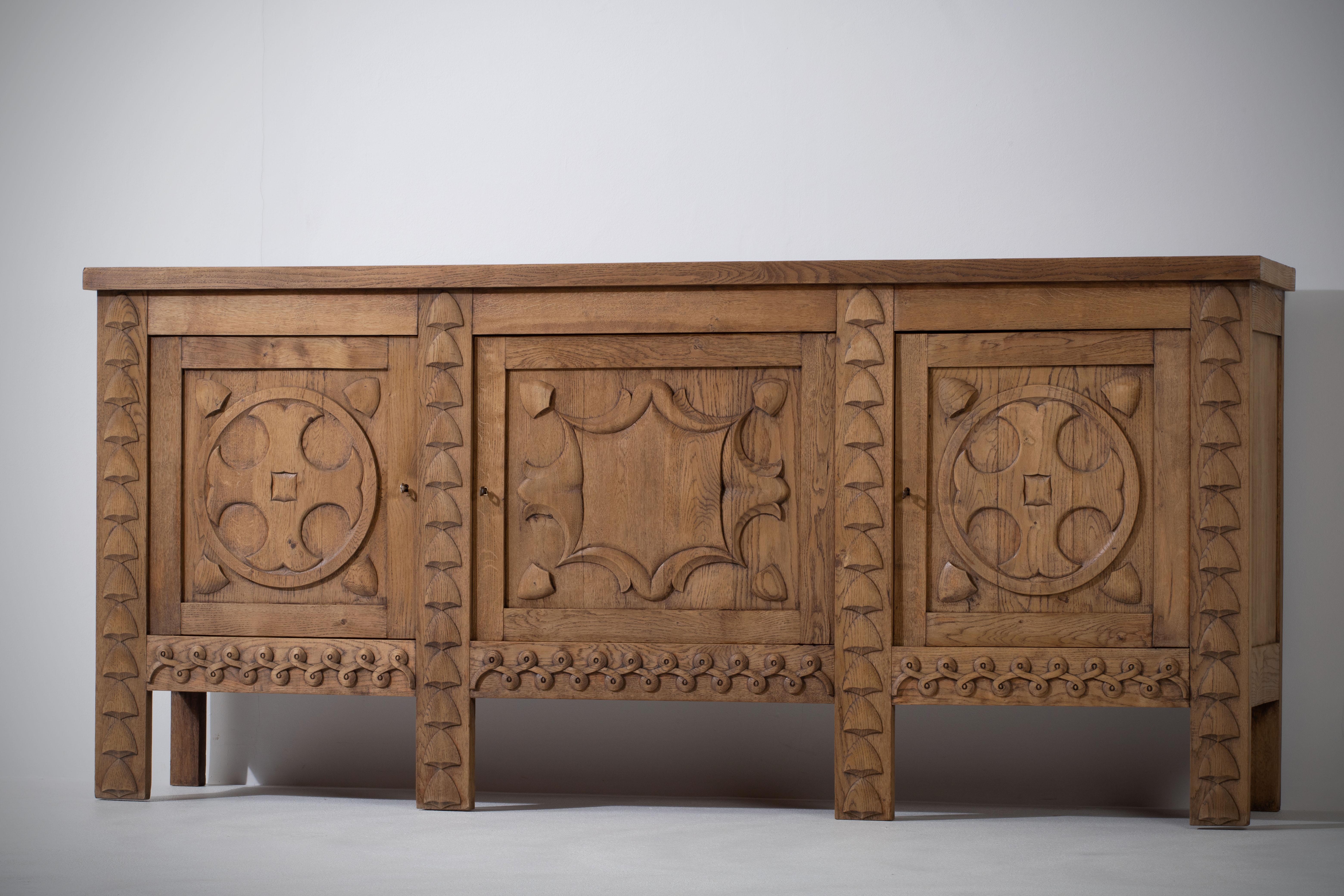 Solid Oak Sideboard with hand carved Details, France, 1950 1