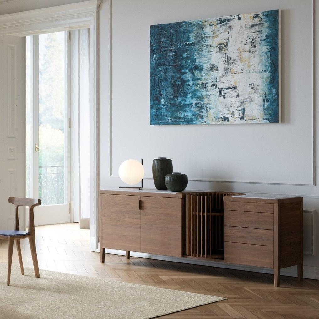 Enfilade en chêne massif avec plateau en marbre et une barre tournante au milieu en vente 5