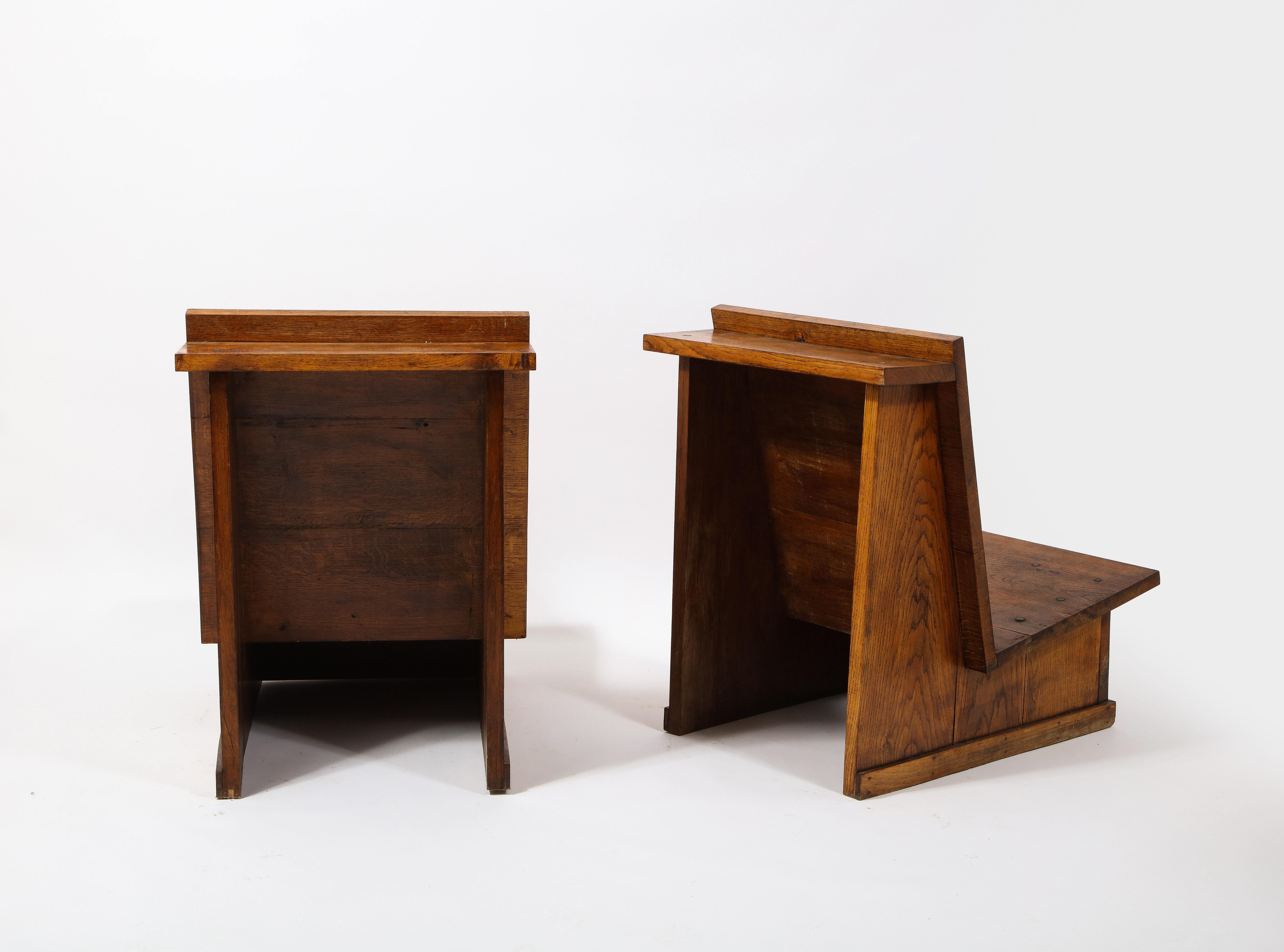 Solid Oak Architectural Slipper Chairs, France 1950's 4