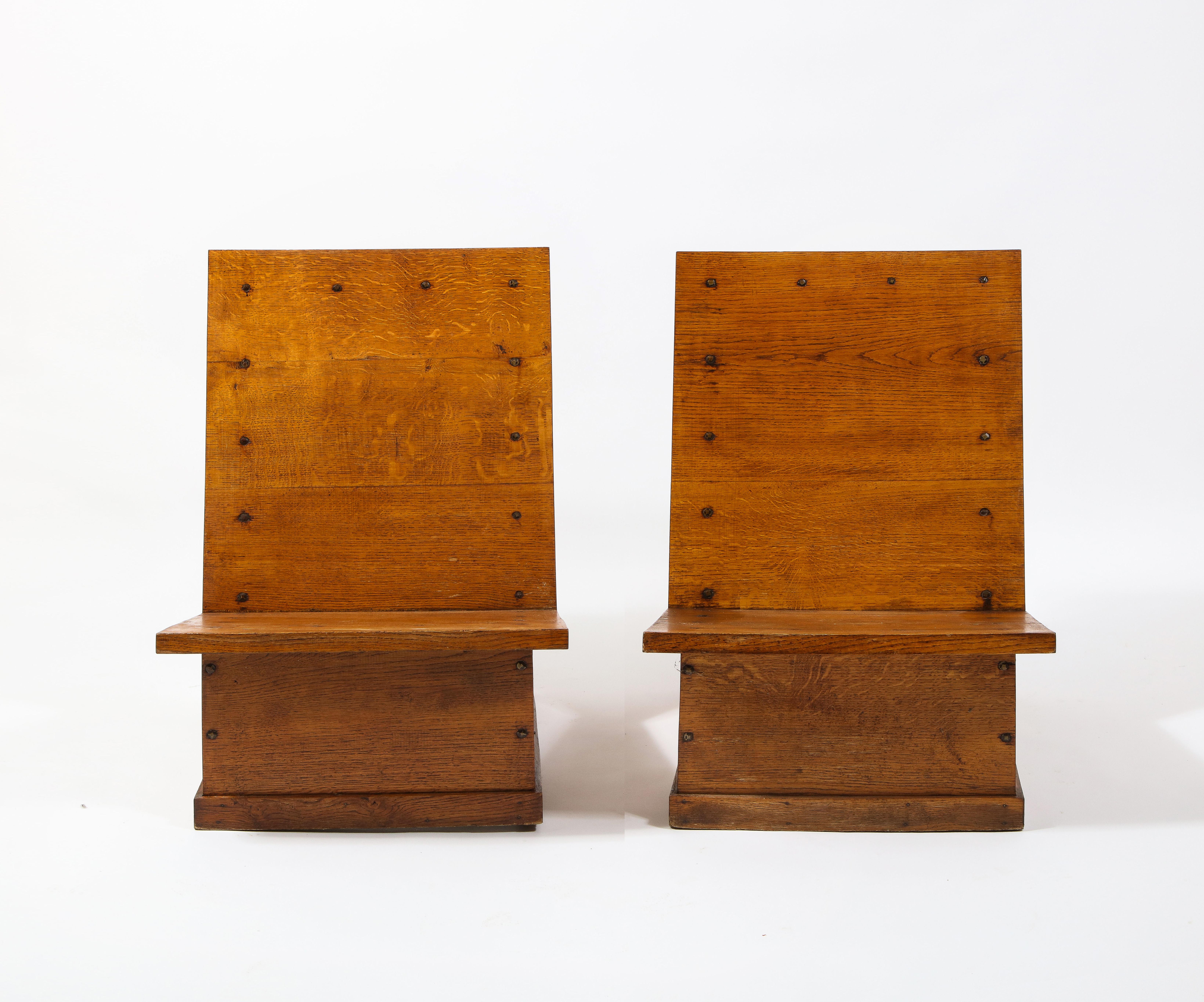 Brutalist Solid Oak Architectural Slipper Chairs, France 1950's