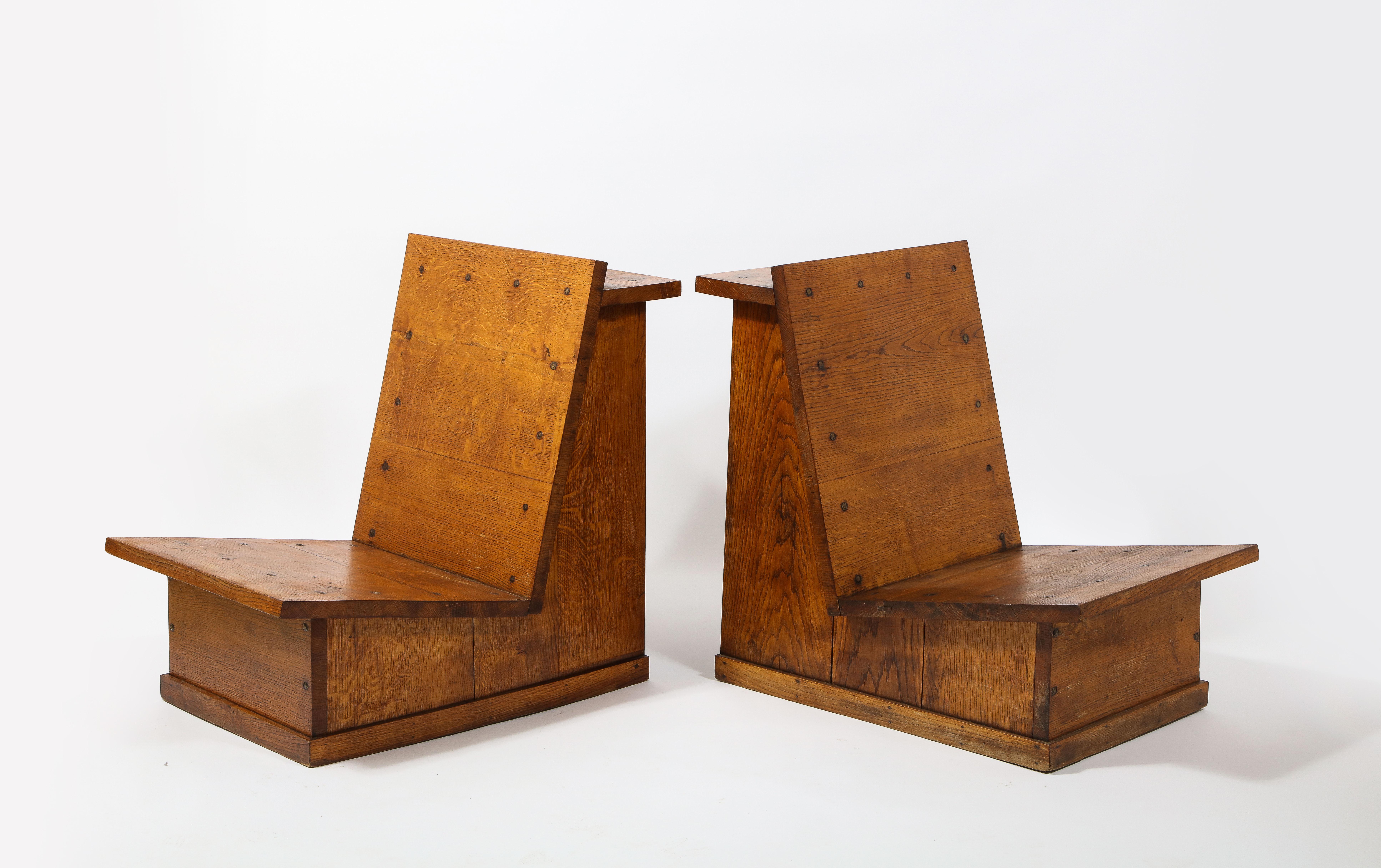 20th Century Solid Oak Architectural Slipper Chairs, France 1950's