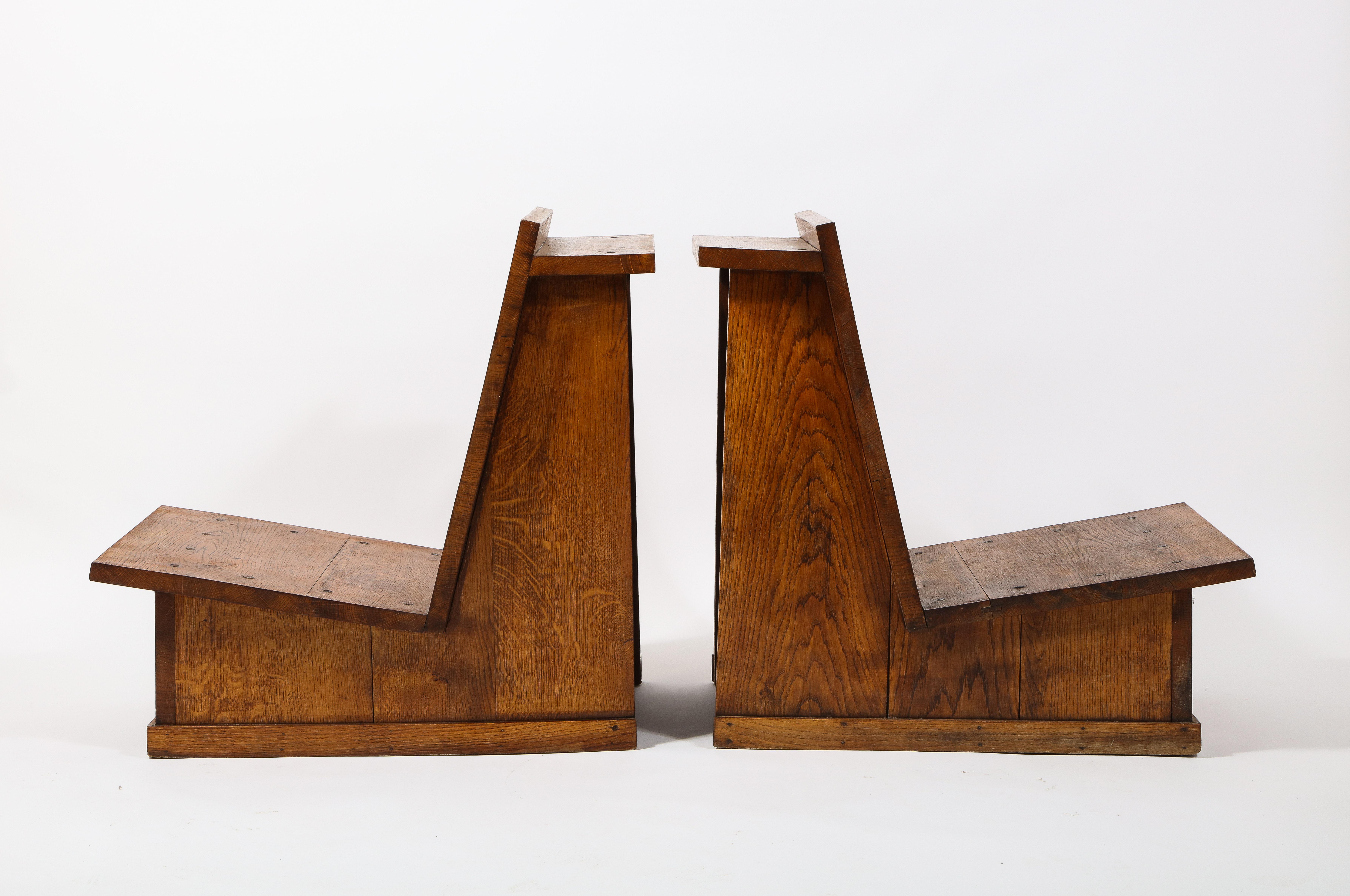 Solid Oak Architectural Slipper Chairs, France 1950's