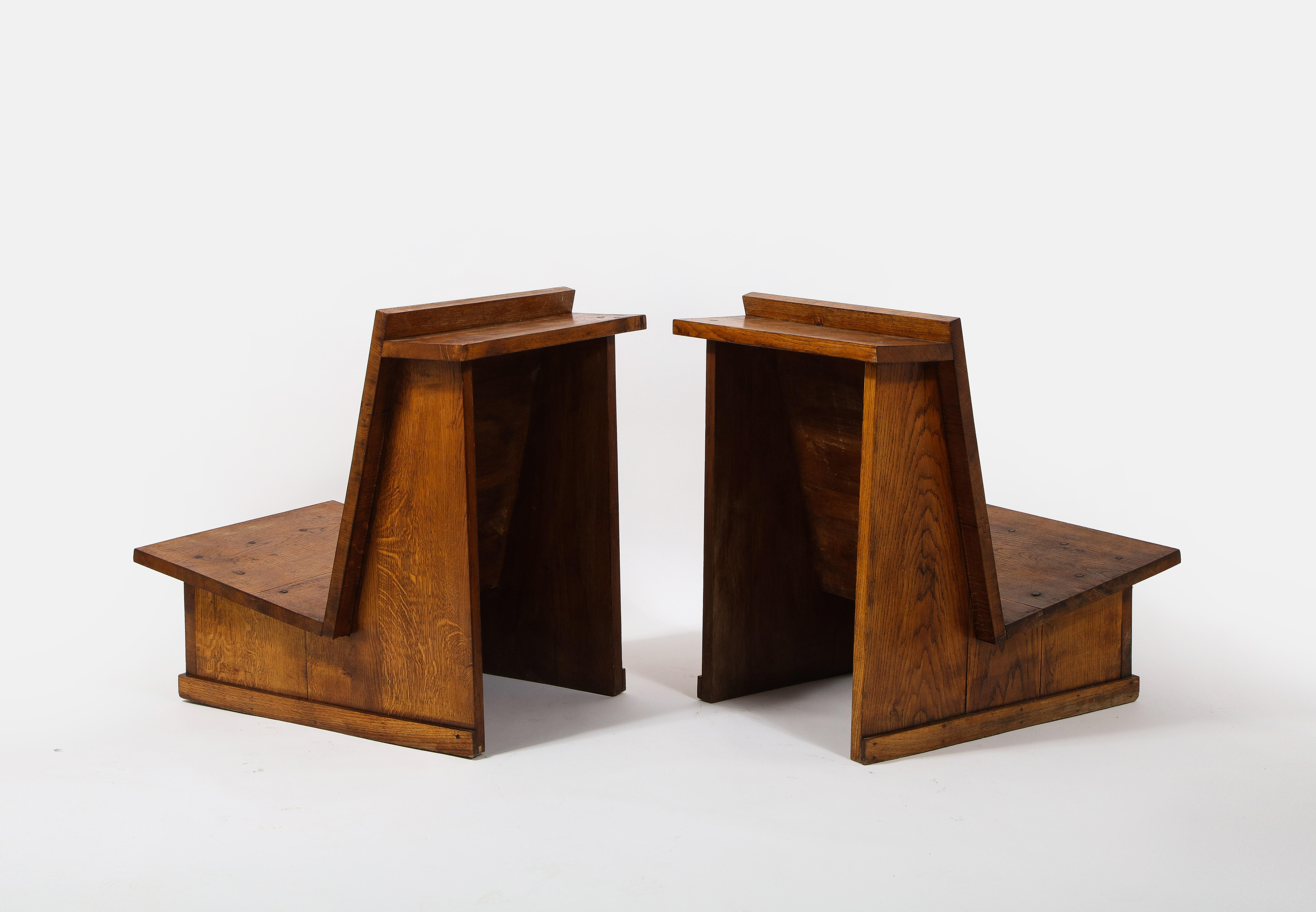 Solid Oak Architectural Slipper Chairs, France 1950's 2
