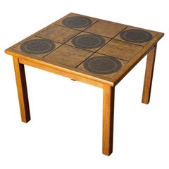 Oak Square Coffee Table with Inlaid Ceramic Tiles Vintage Vinatge 1970s