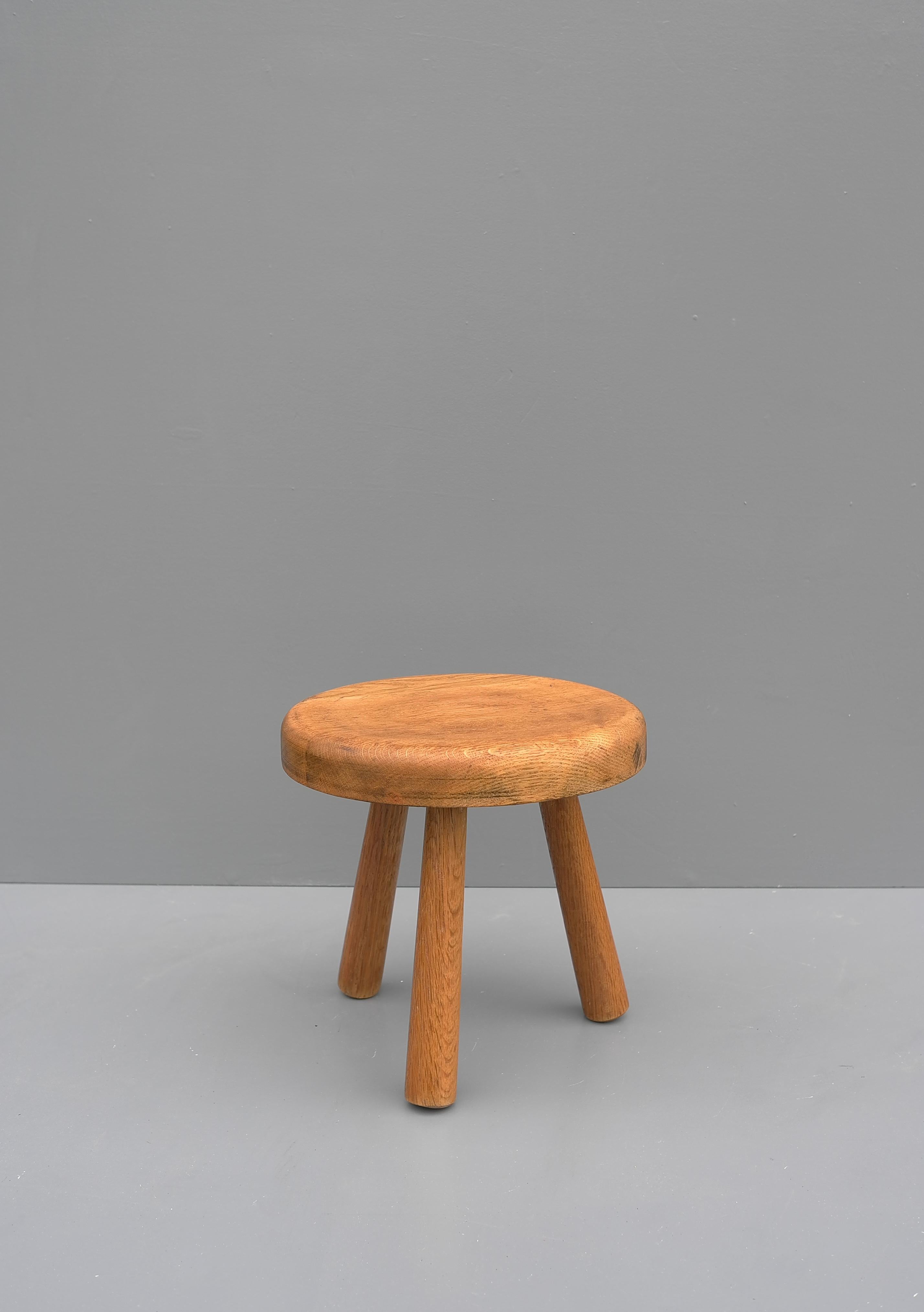 French Solid Oak Stool in Style of Charlotte Perriand, France, 1950's
