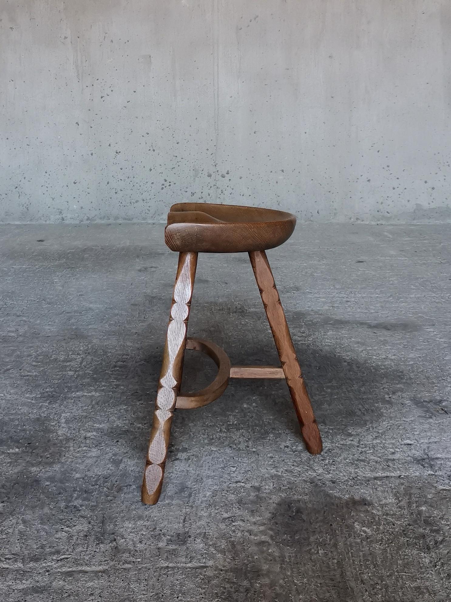 Danish Solid oak stool in style of Henning Kjærnulf, hand sculpted seat, Denmark 1960s  For Sale