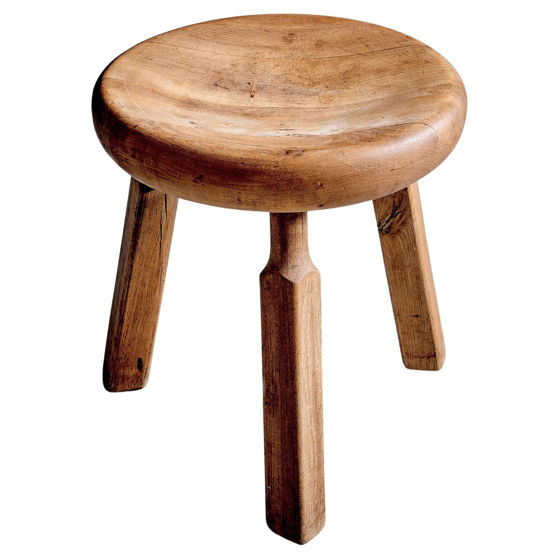 Solid Oak Stool with three carved Legs France, 1960s