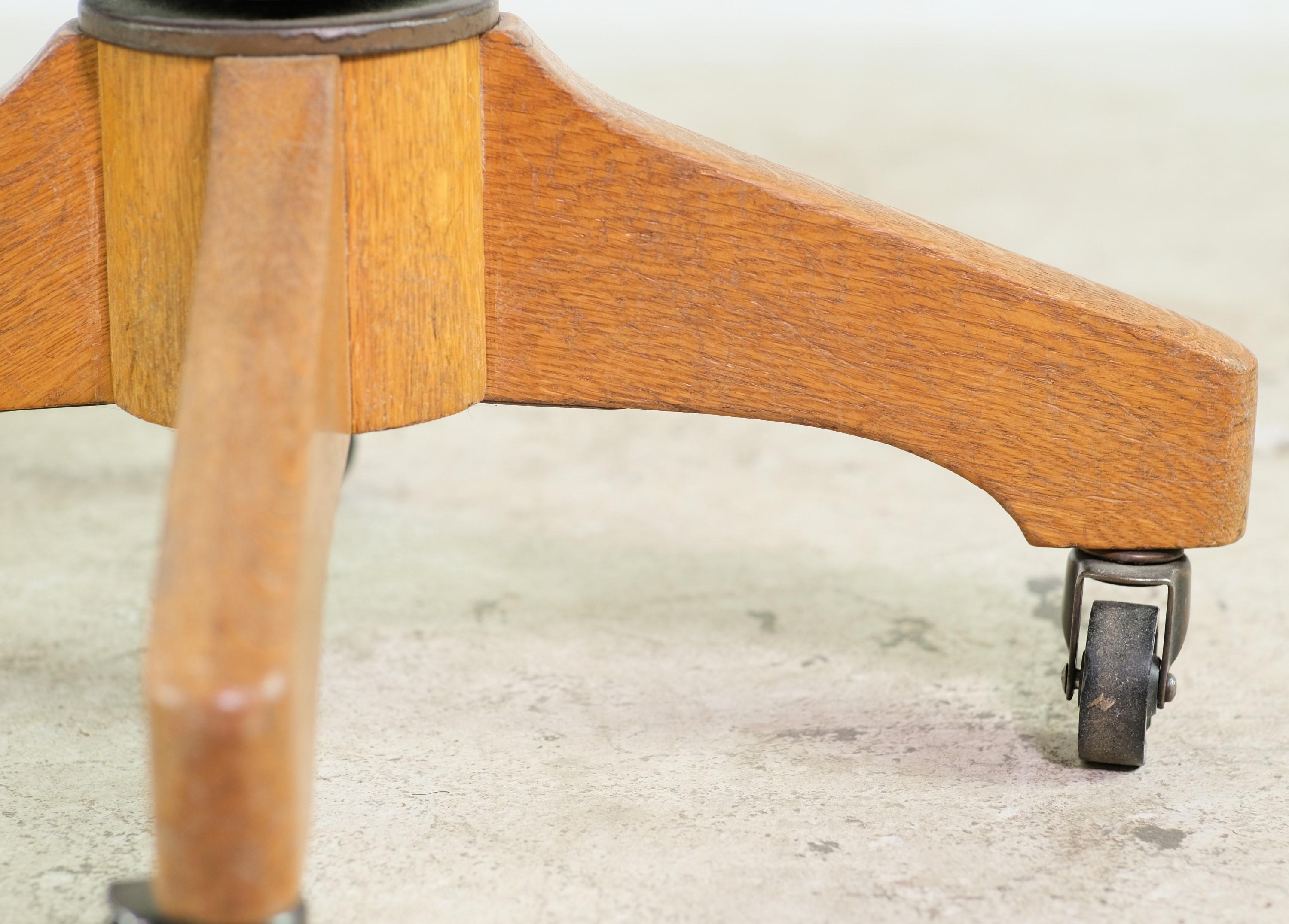 Mid-Century Modern Solid Oak Swivel Bankers Chair w/ Wheels and Adjustable Steel Frame