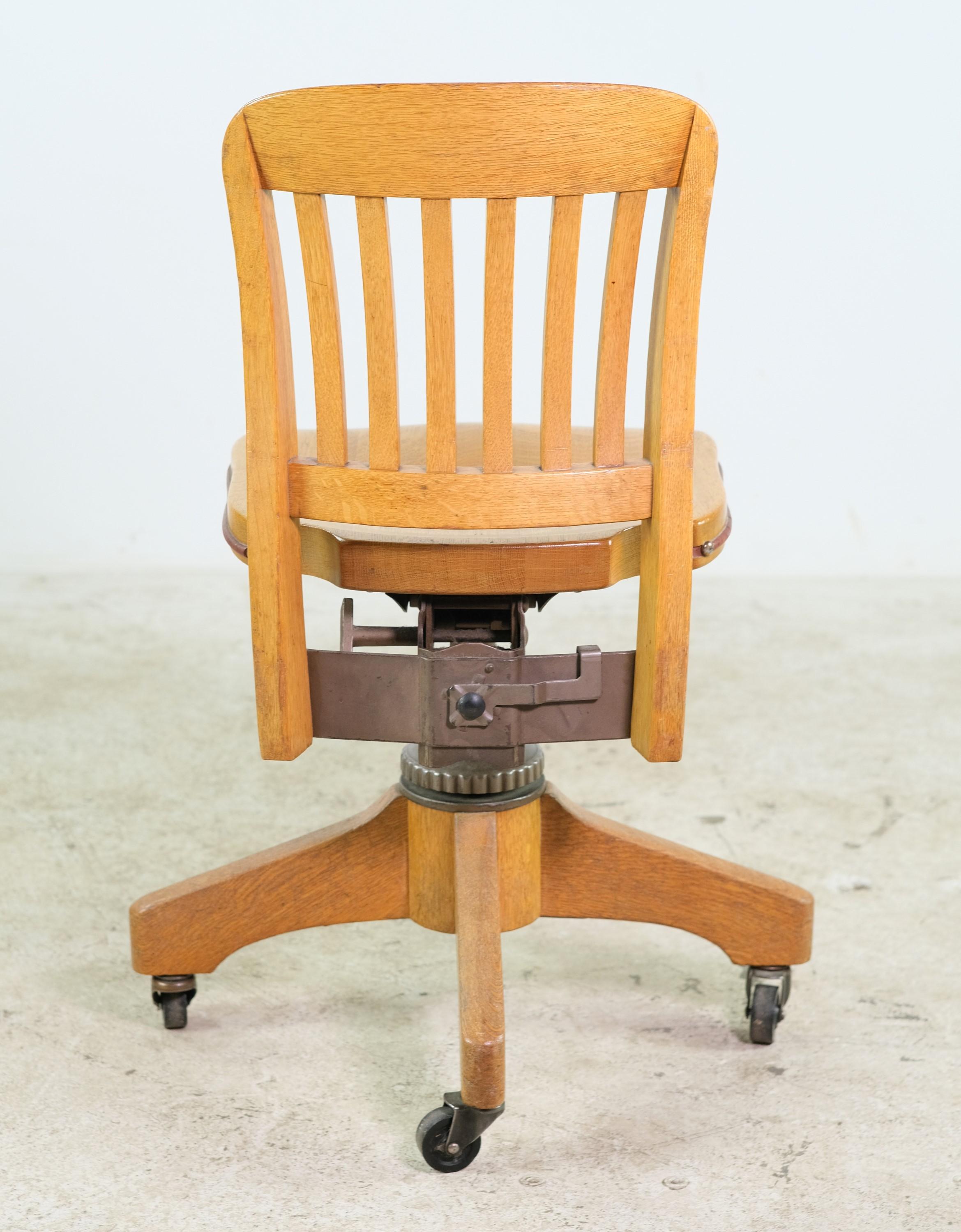 American Solid Oak Swivel Bankers Chair w/ Wheels and Adjustable Steel Frame