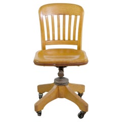Solid Oak Swivel Bankers Chair w/ Wheels and Adjustable Steel Frame