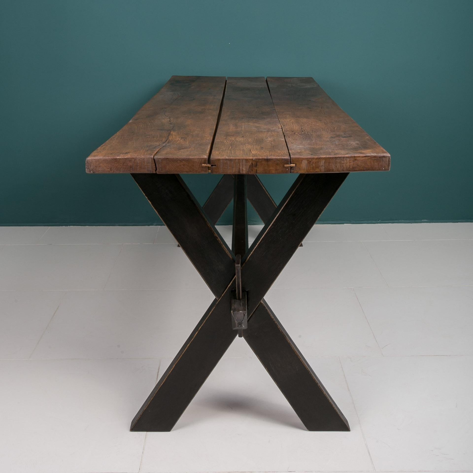Oiled Solid Oak Table, Early 20th Century, Rustic Style, Prep or Dining Table For Sale