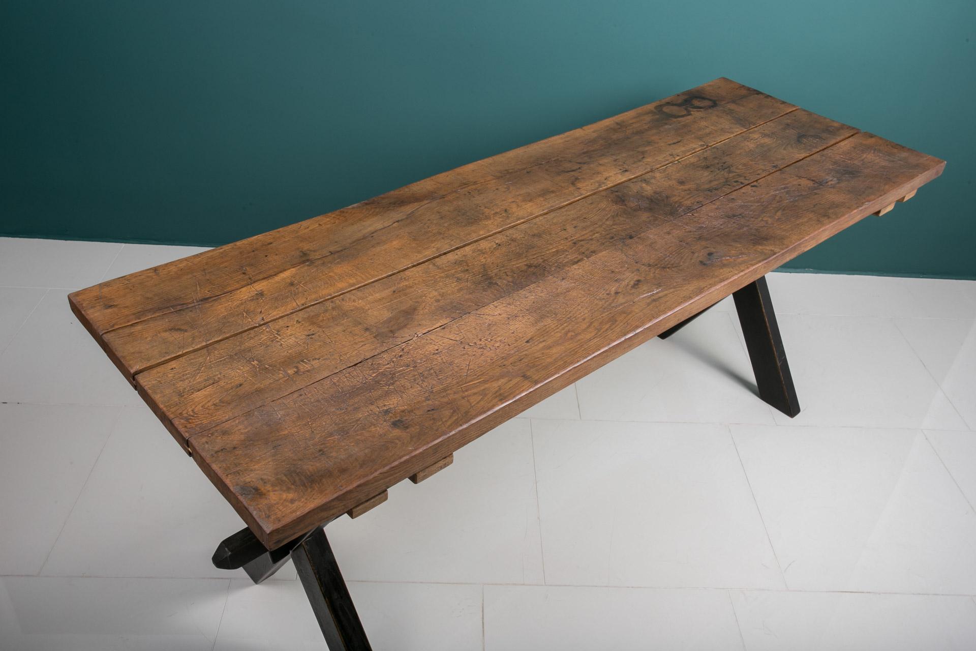 Solid Oak Table, Early 20th Century, Rustic Style, Prep or Dining Table For Sale 1