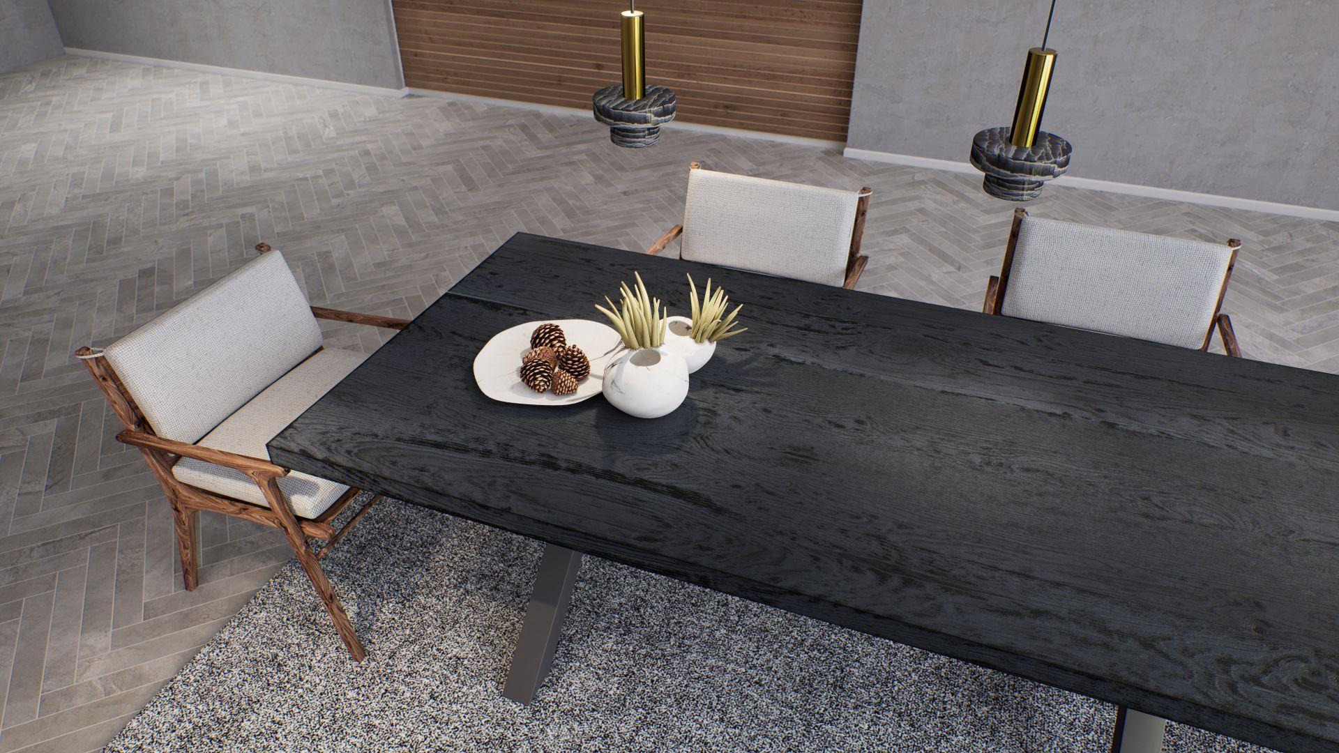 Thaïlandais Table en chêne massif gris anthracite sablé avec pieds en métal en vente