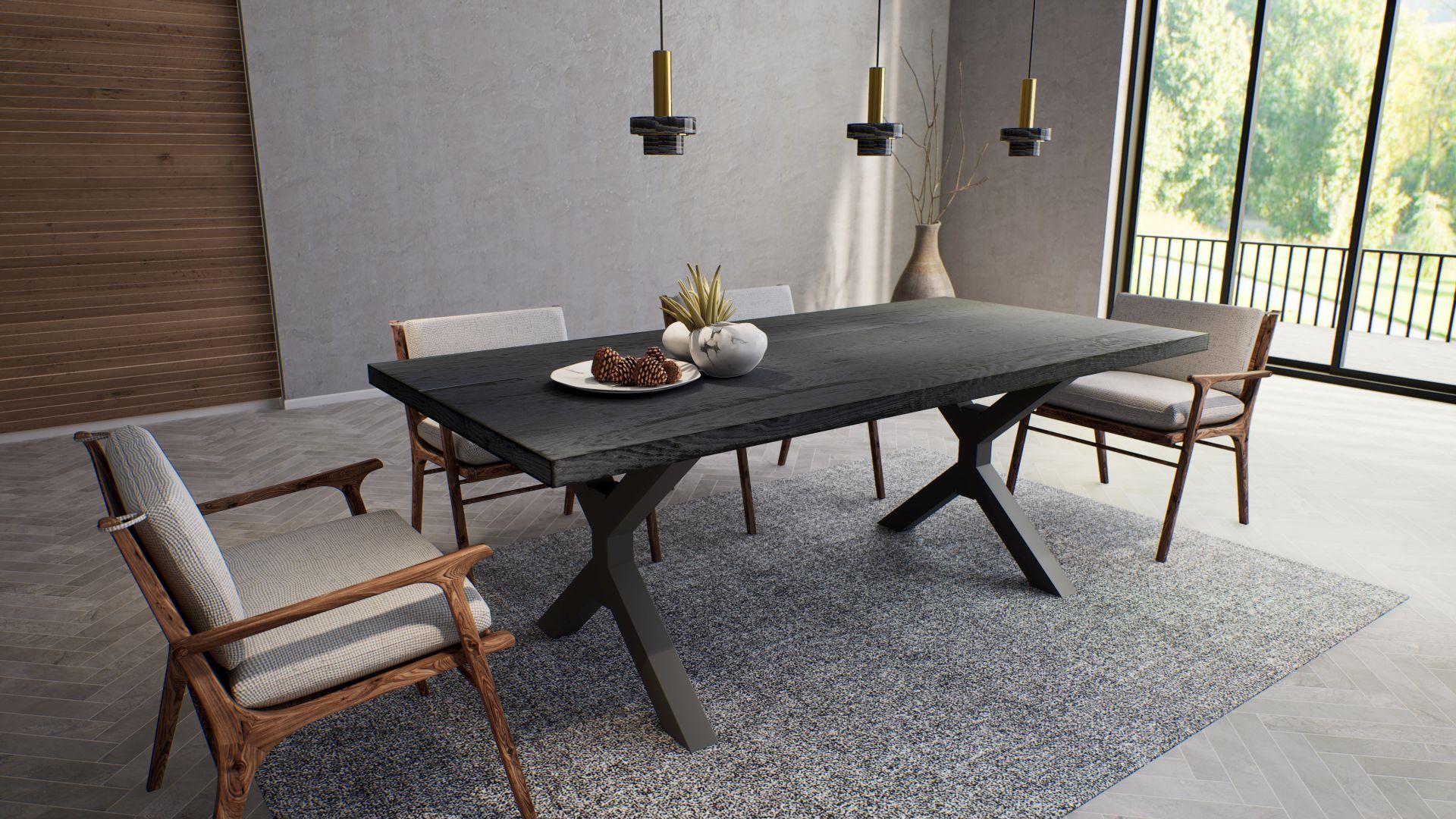 Fait main Table en chêne massif gris anthracite sablé avec pieds en métal en vente