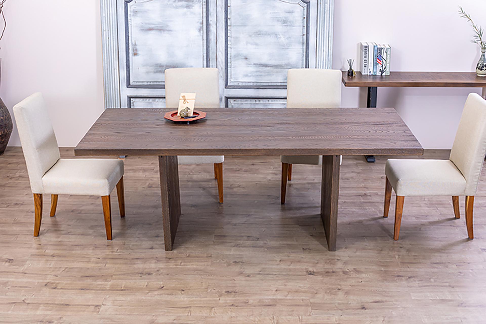 Solid Oak Table in Sandblasted Cocoa with Matching Oak Plank Legs In New Condition For Sale In Boulder, CO