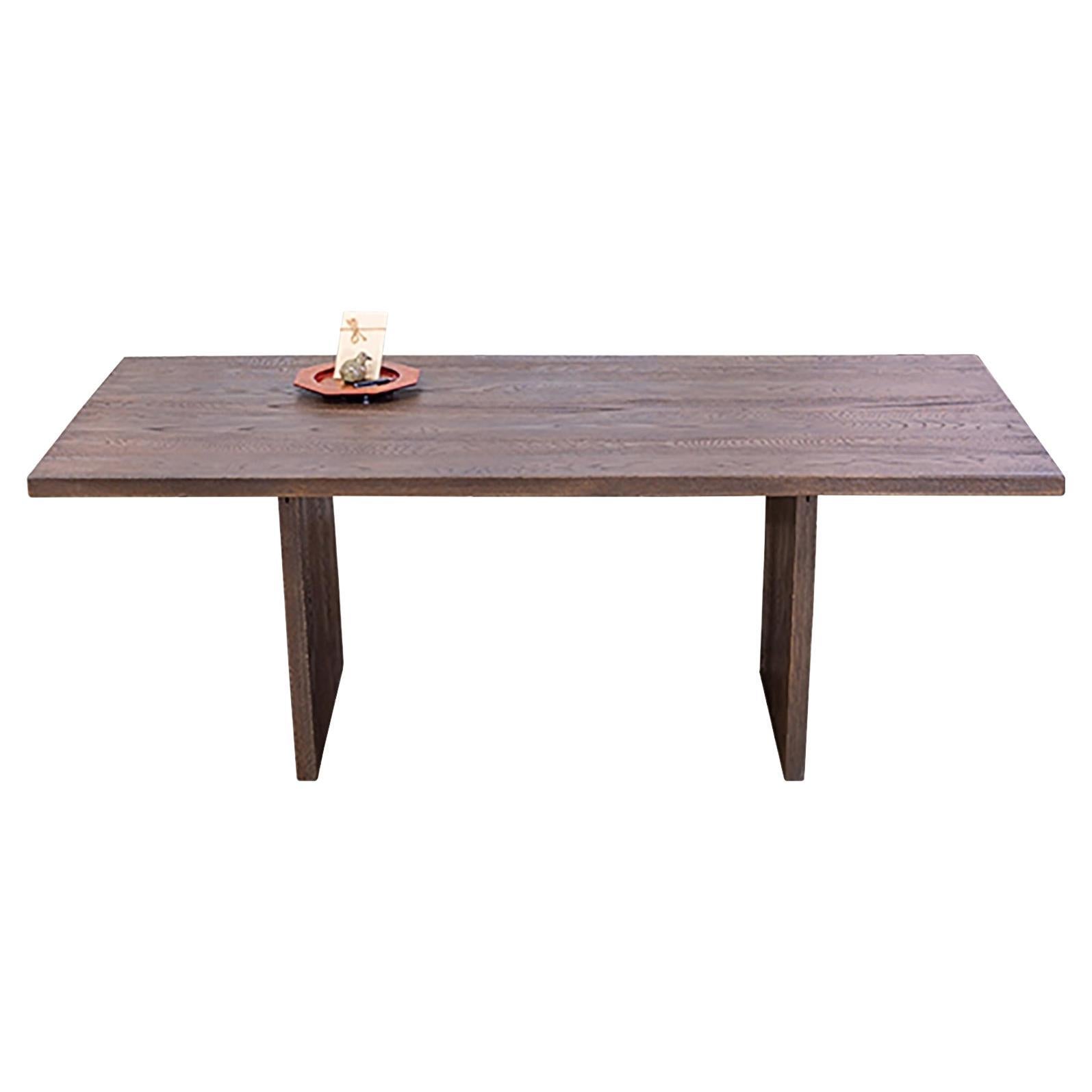 Solid Oak Table in Sandblasted Cocoa with Matching Oak Plank Legs For Sale