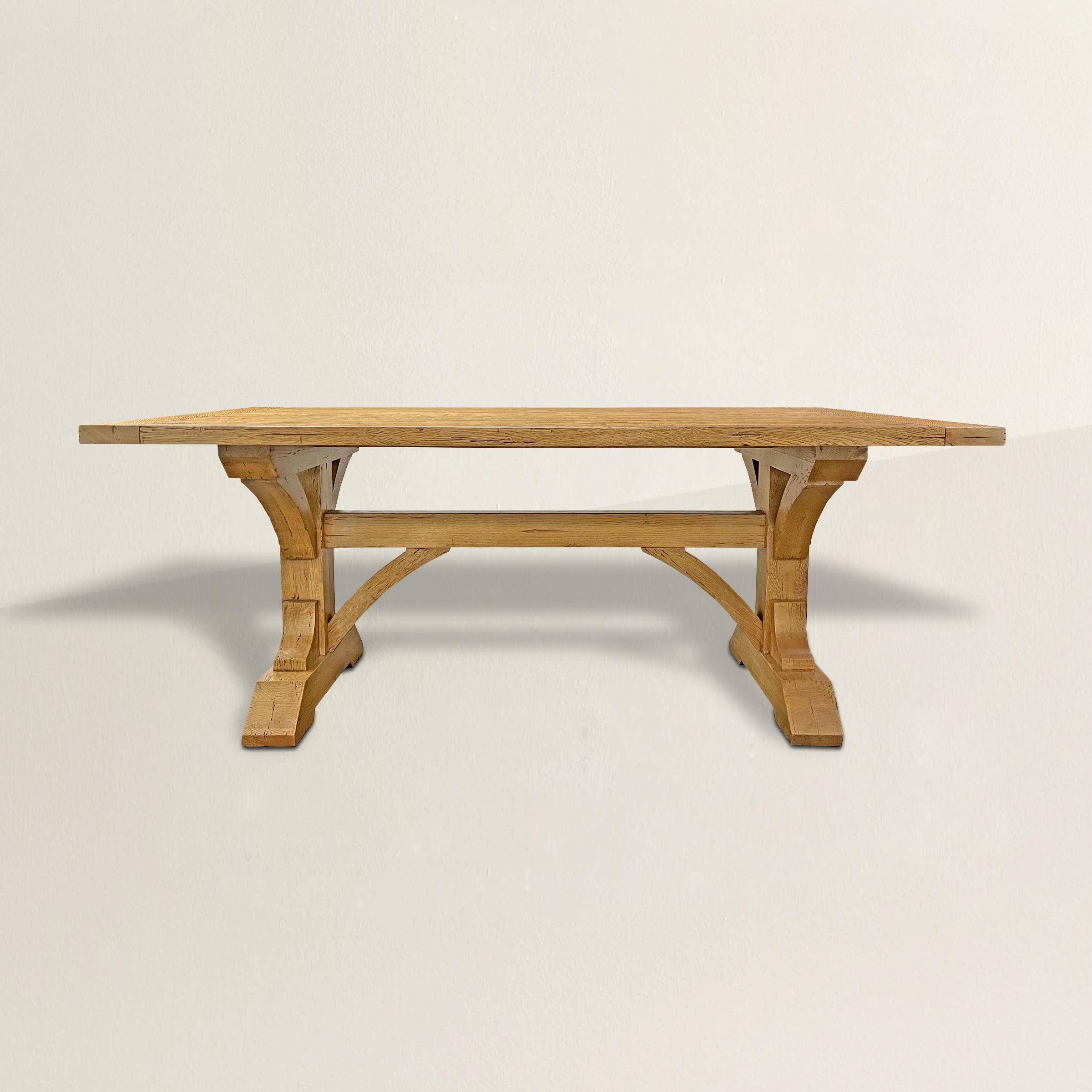 An incredible 20th century American hand-crafted solid white oak timber-frame dining table reminiscent of ancient wooden ships or medieval architecture. The table is perfectly sized to fit eight people (three on each side and one at each end), used