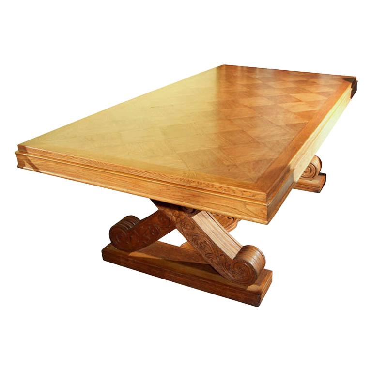 Solid Oak Trestle Style Dining Table For Sale