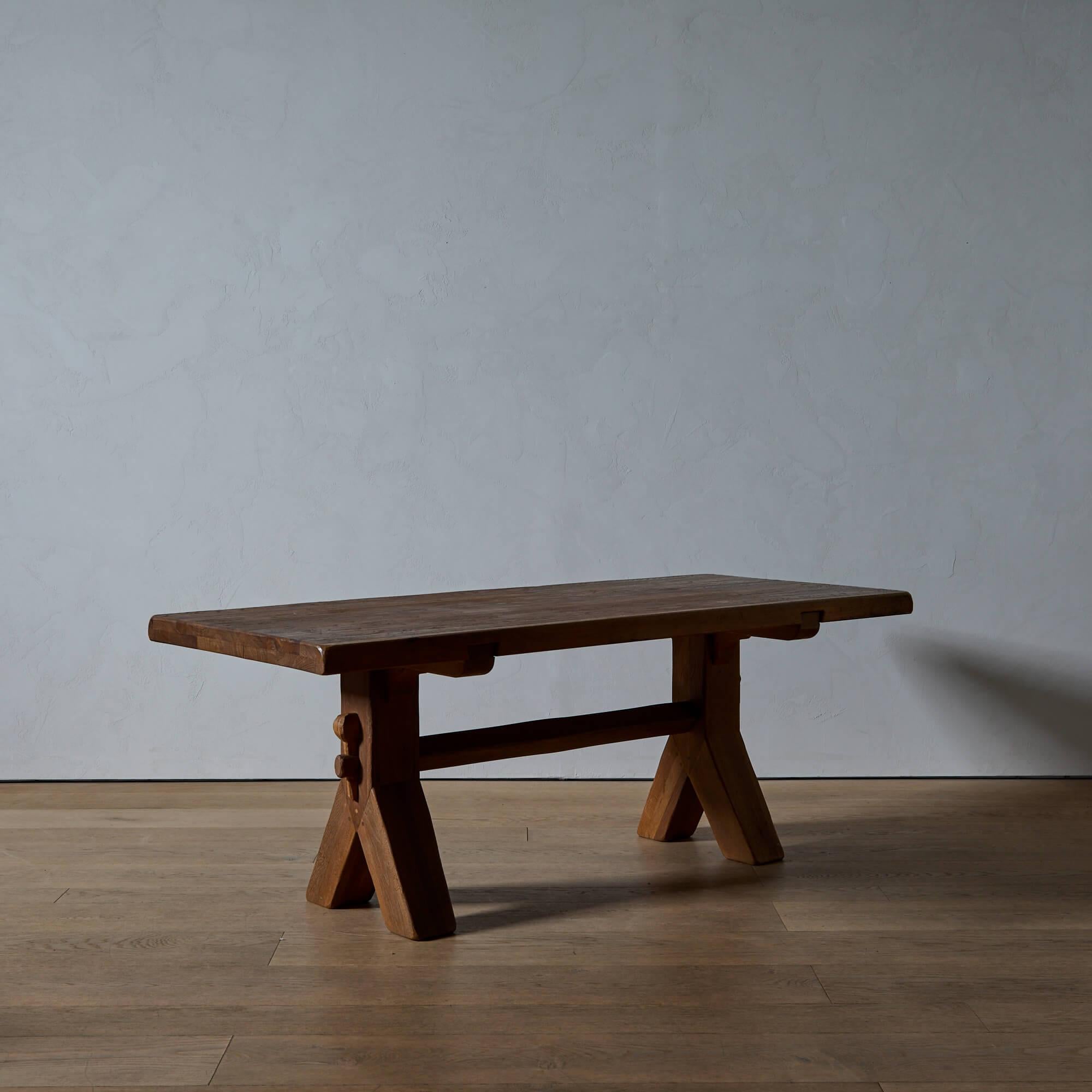 Solid Oak Trestle Table by De Puydt For Sale 3