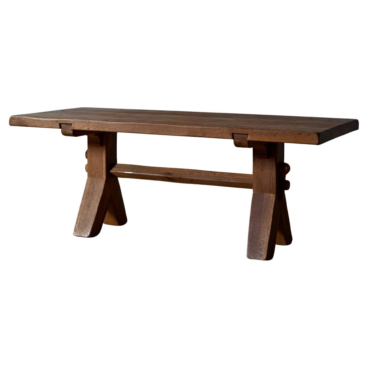Solid Oak Trestle Table by De Puydt For Sale