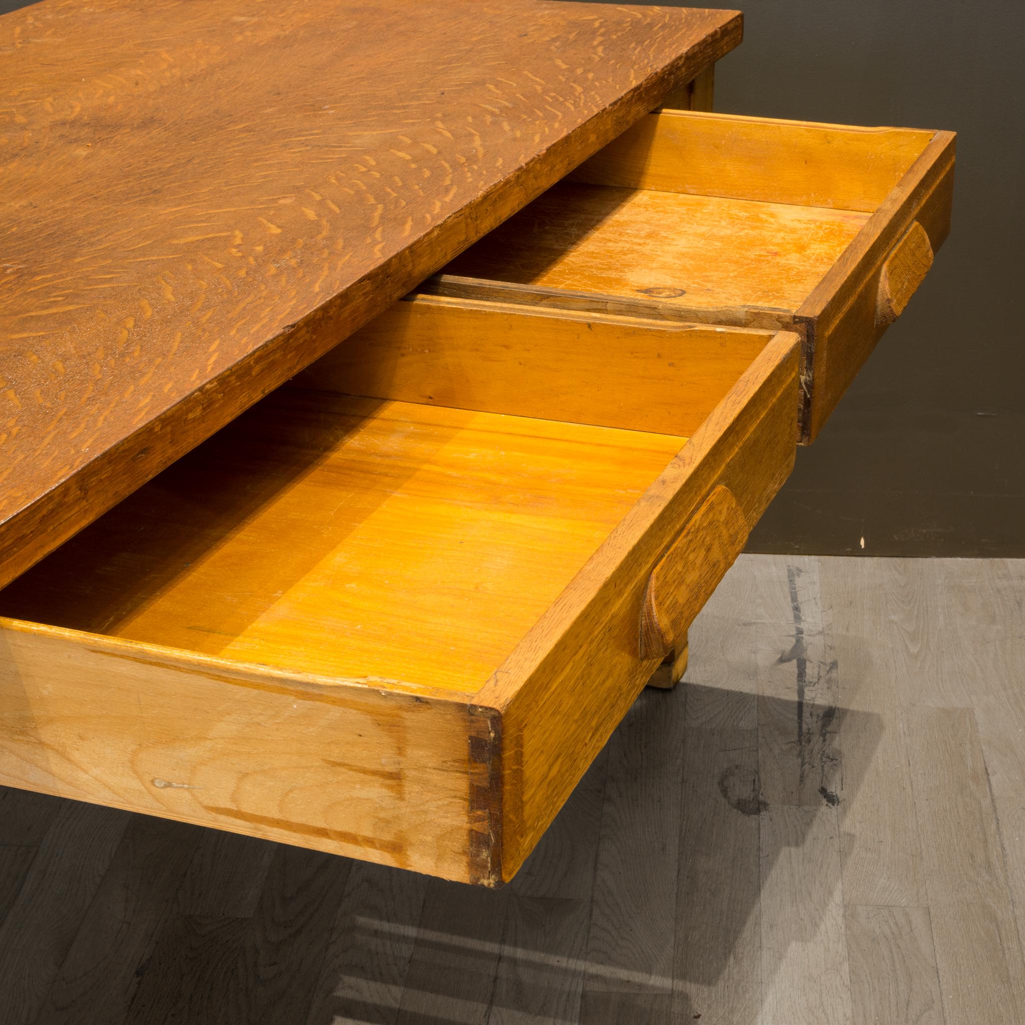 Solid Oak Two Drawer Desk with Brass Feet c.1940 6