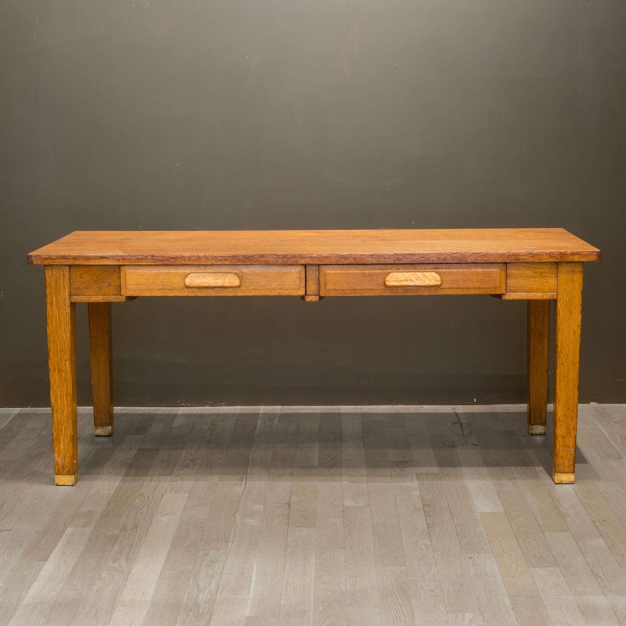Industrial Solid Oak Two Drawer Desk with Brass Feet c.1940