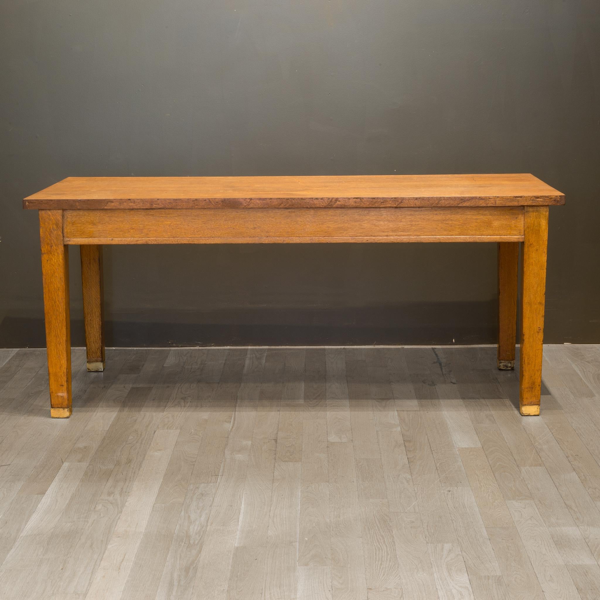 20th Century Solid Oak Two Drawer Desk with Brass Feet c.1940