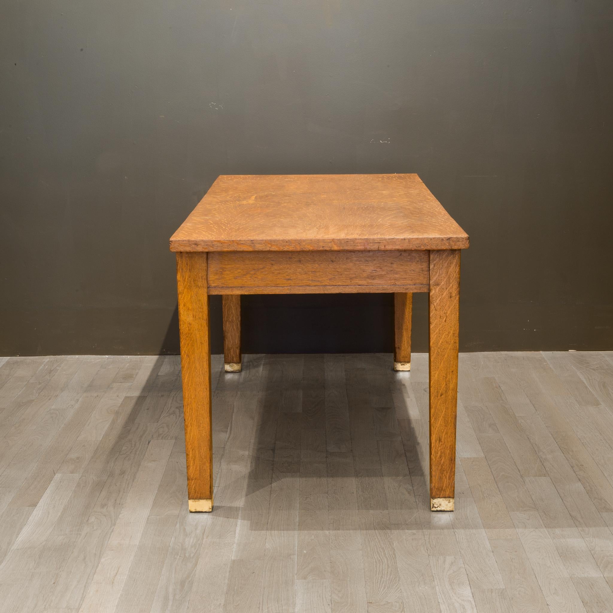 Solid Oak Two Drawer Desk with Brass Feet c.1940 2