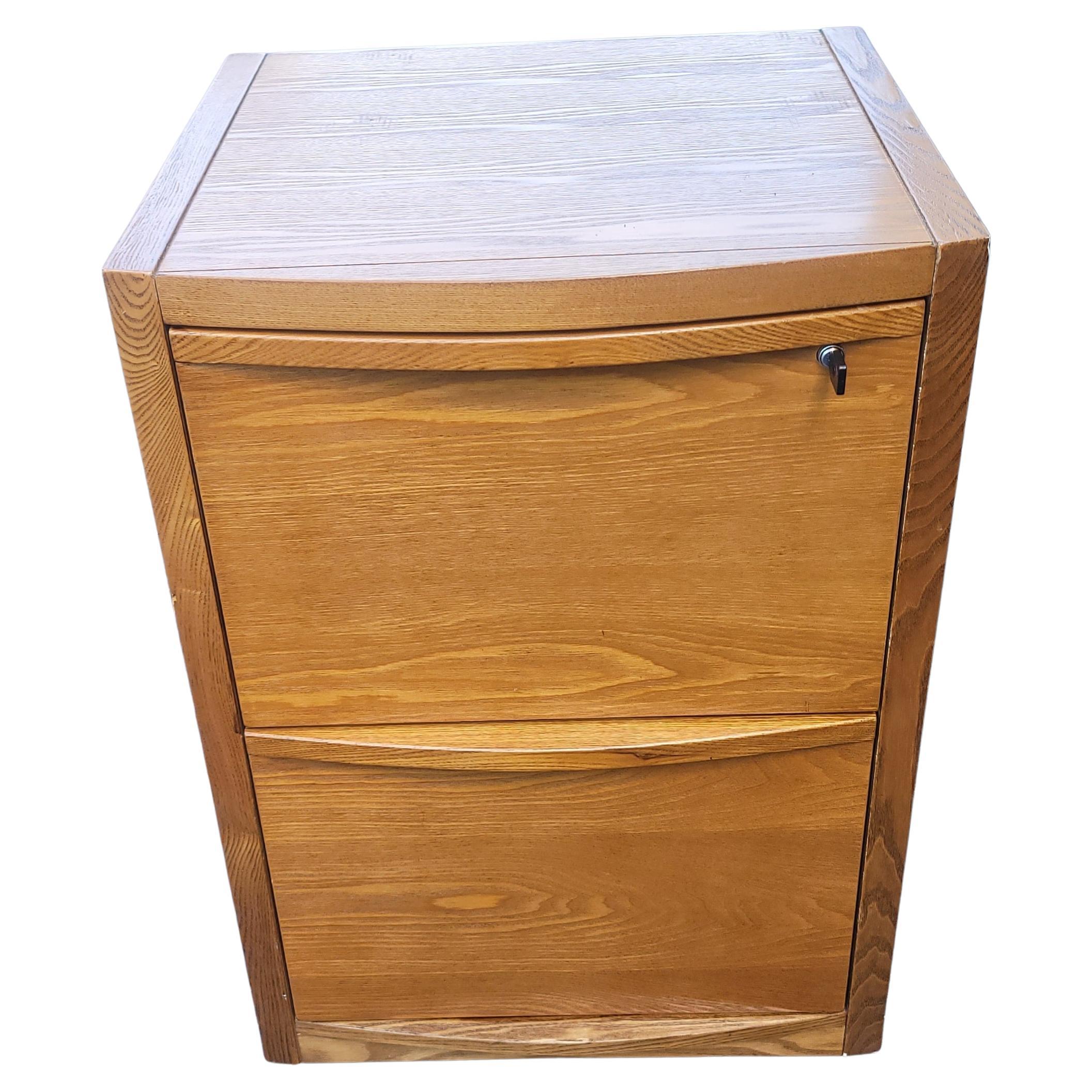 Mid-Century Modern Solid Oak Two-Drawer Locking Filing Cabinet For Sale