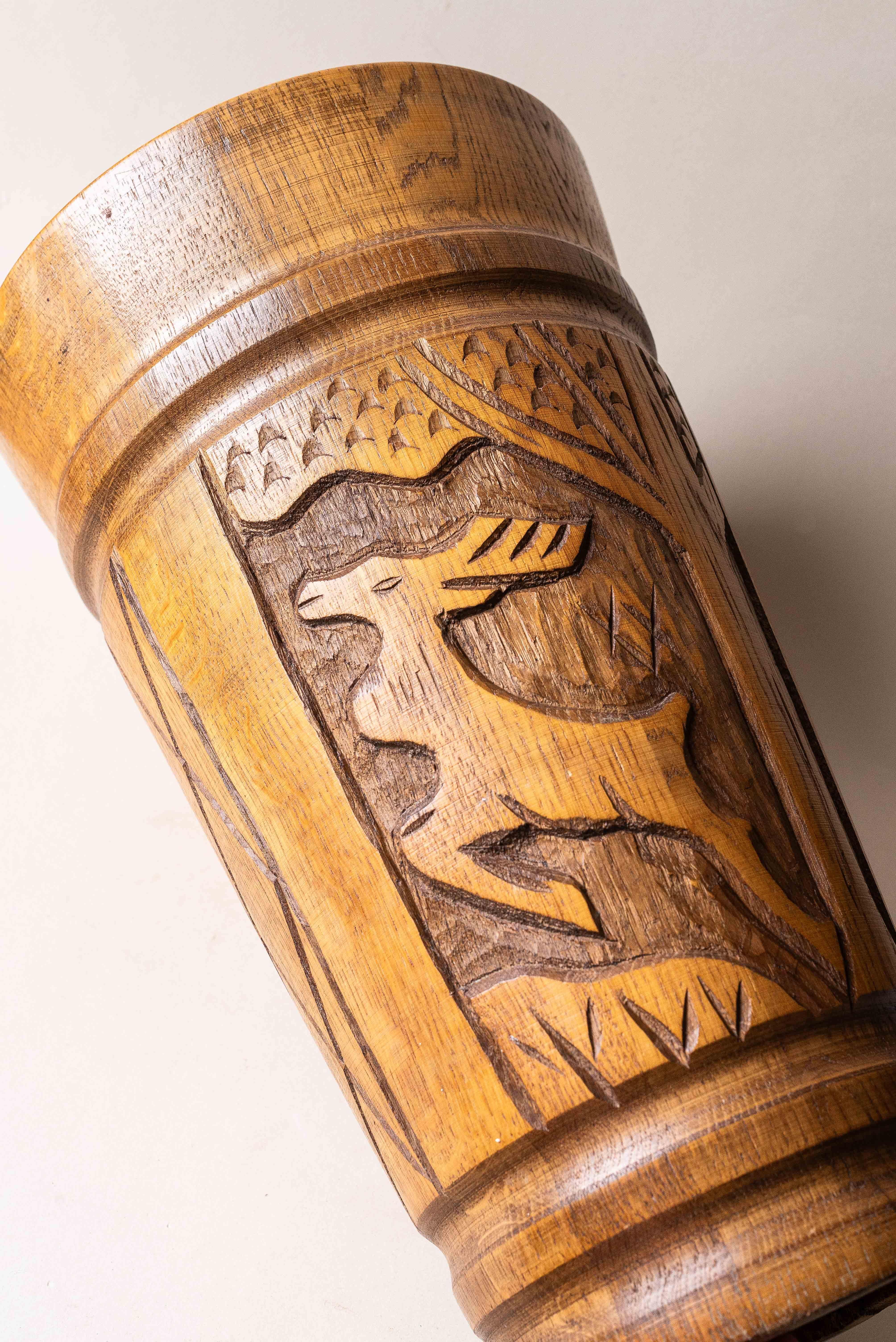 Mid-Century Modern Solid Oak Umbrella Stand, French Alps Folk Art, 1960s For Sale