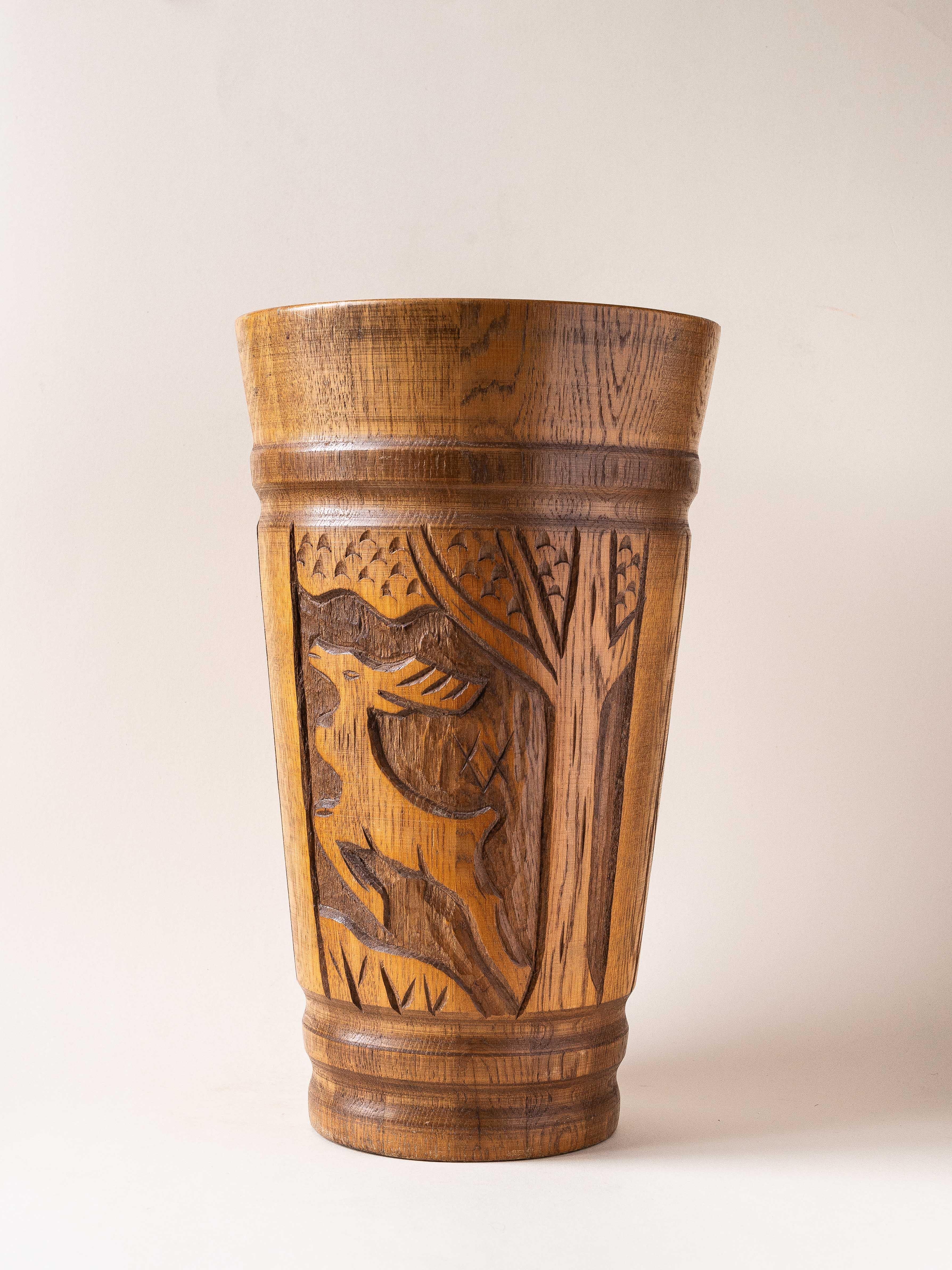 Carved Solid Oak Umbrella Stand, French Alps Folk Art, 1960s For Sale