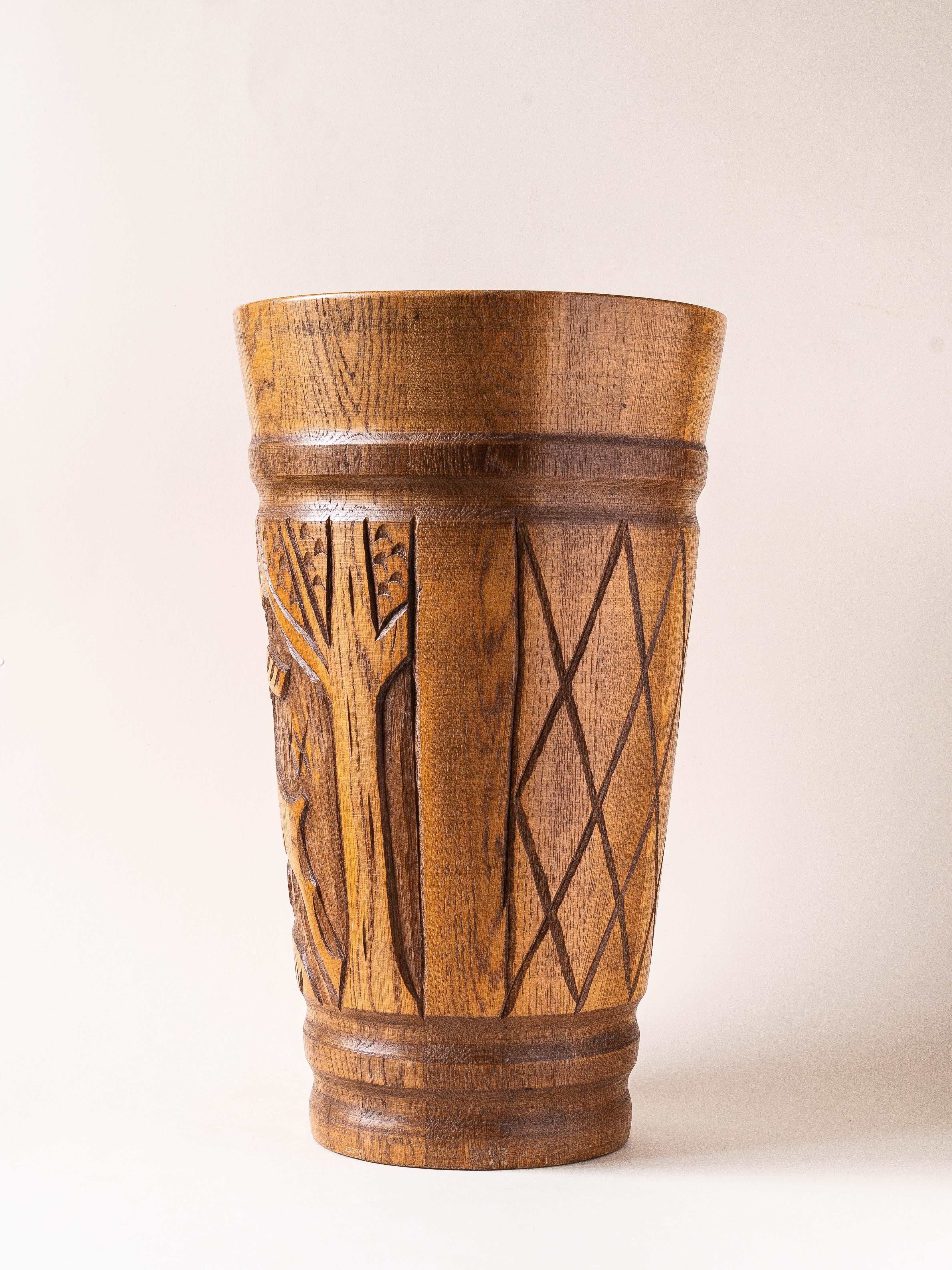 Solid Oak Umbrella Stand, French Alps Folk Art, 1960s In Good Condition For Sale In ROUEN, FR