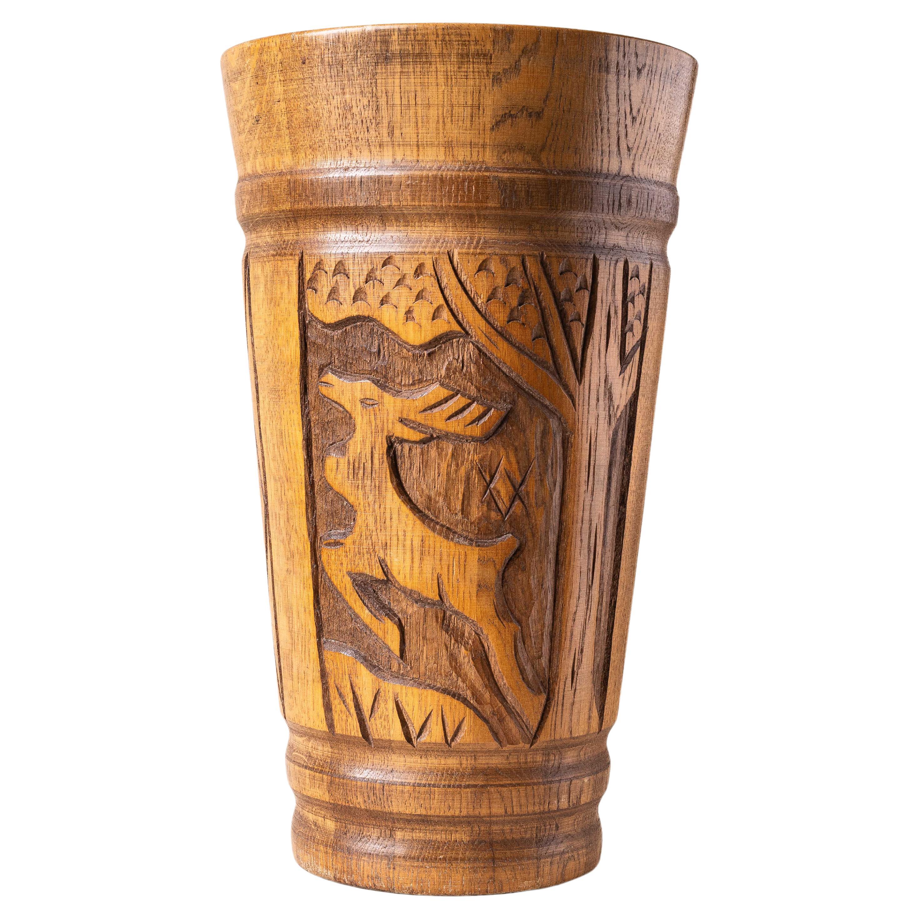Solid Oak Umbrella Stand, French Alps Folk Art, 1960s For Sale