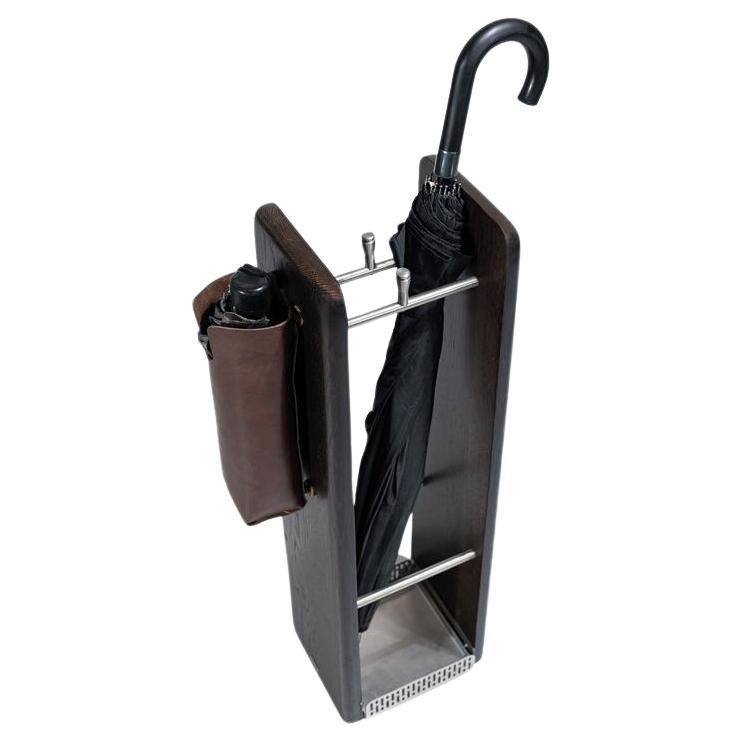 Solid Oak Umbrella Stand – HOL Series, with Chrome Detail For Sale