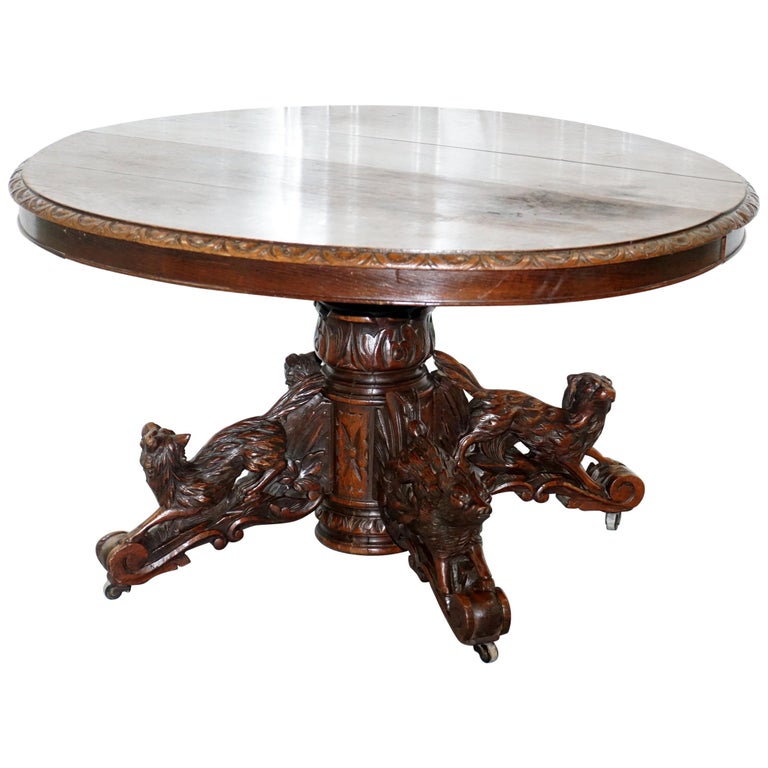 Solid Oak Victorian Hunting Table Legs Depicting Dog Boar and Foxes