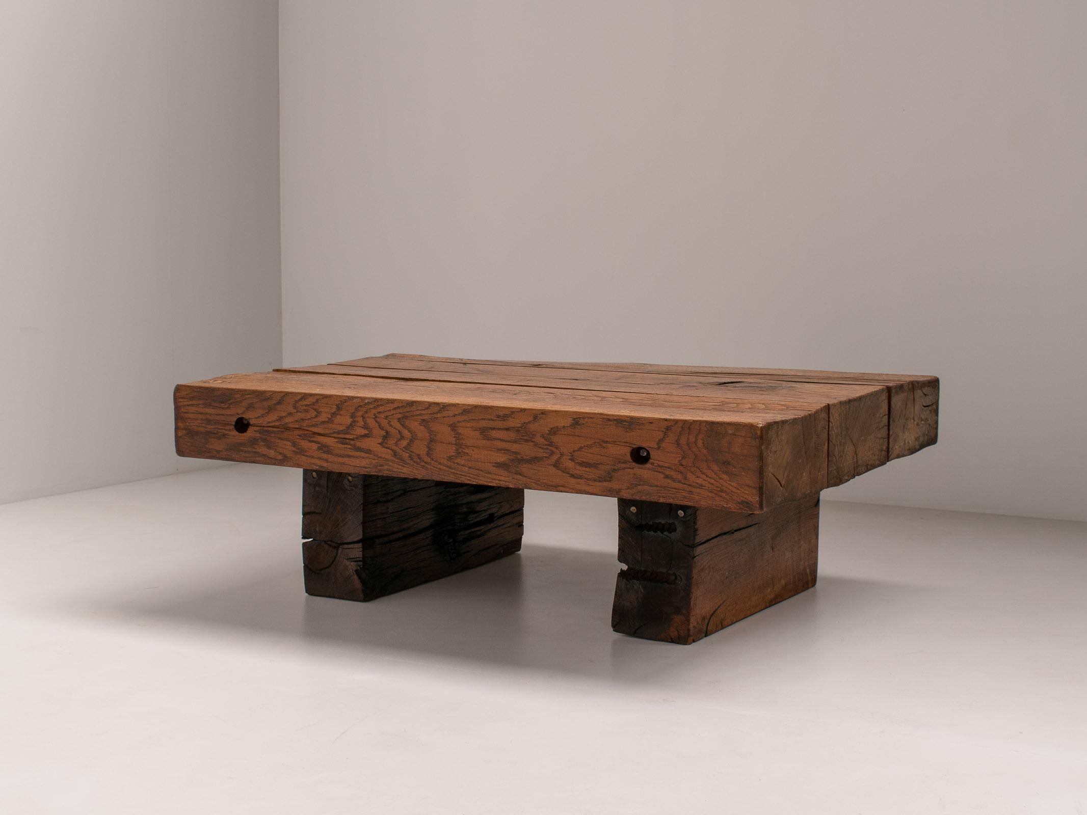 Solid Oak Wabi Sabi coffee table, France, 1950s

The perfect rustic yet modern table that fits any wabi-sabi, natural, artisan, brutalist, or rustic-style interior. Because of its size, it perfectly fits in any interior that needs a more hefty