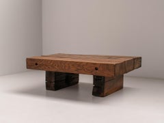 Solid Oak Wabi Sabi Rustic Wood Coffee Table, France, 1950s