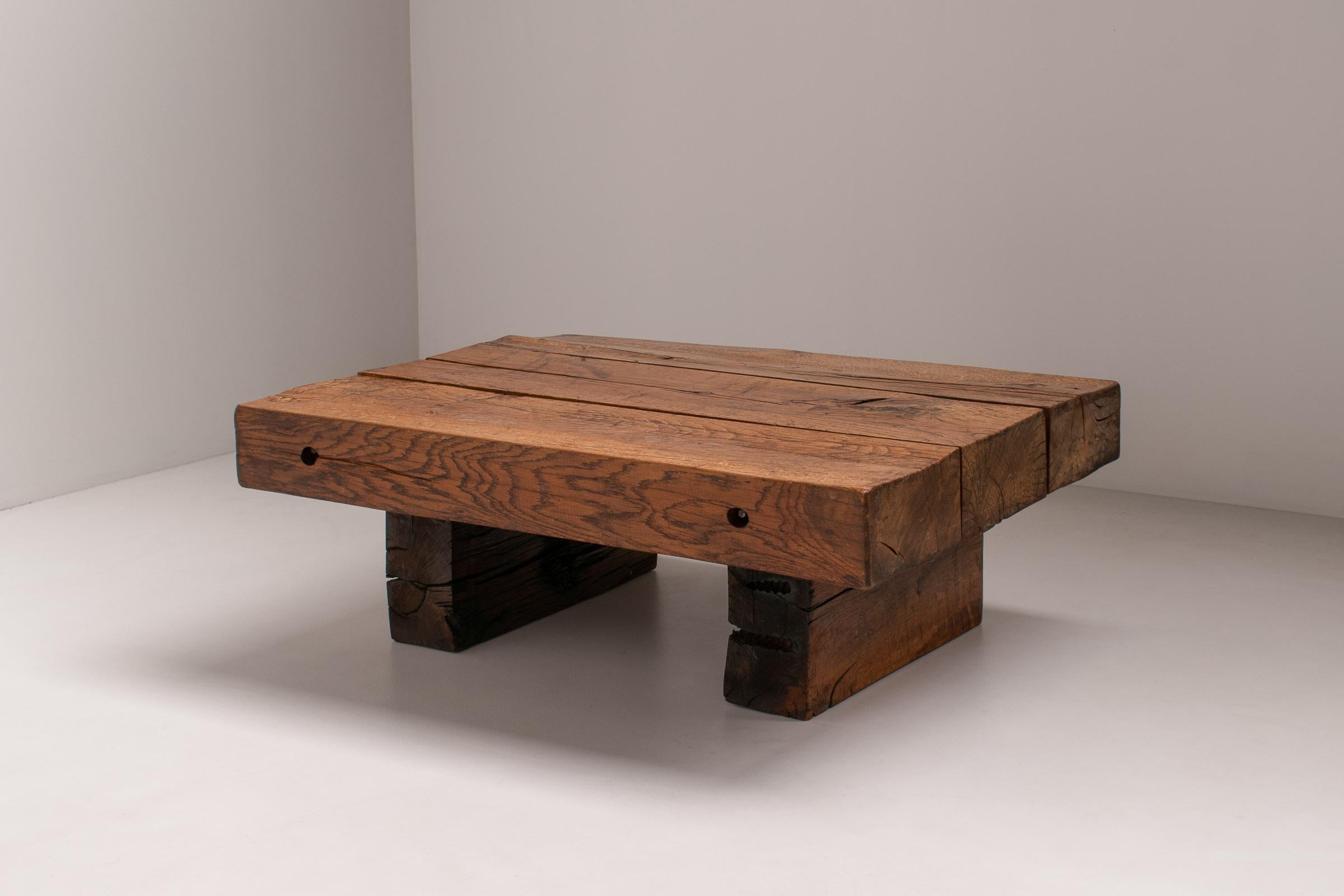 Mid-Century Modern Solid Oak Wabi Sabi Rustic Wood Coffee Table, France, 1950s For Sale