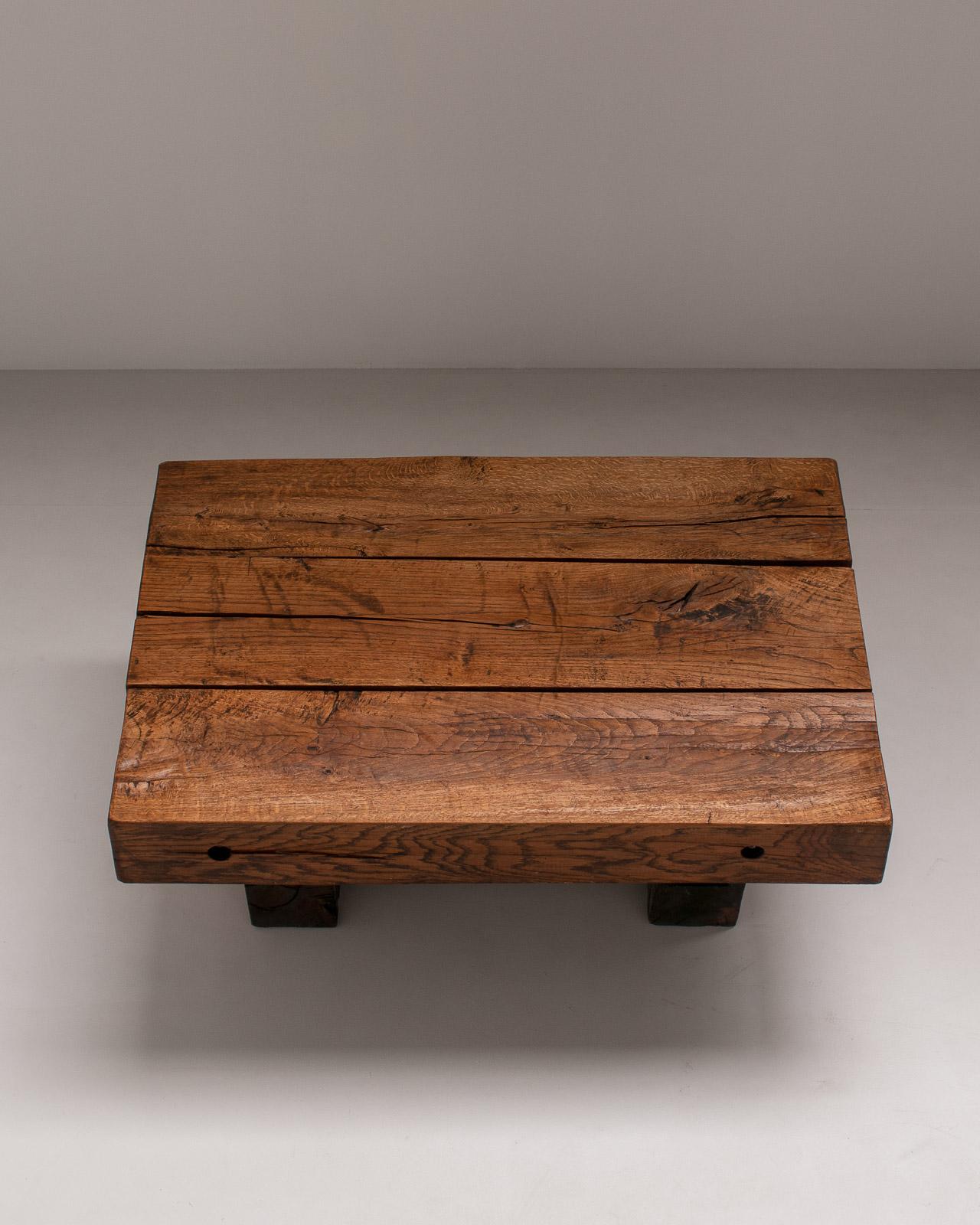 Mid-Century Modern Solid Oak Wabi Sabi Rustic Wood Coffee Table, France, 1950s