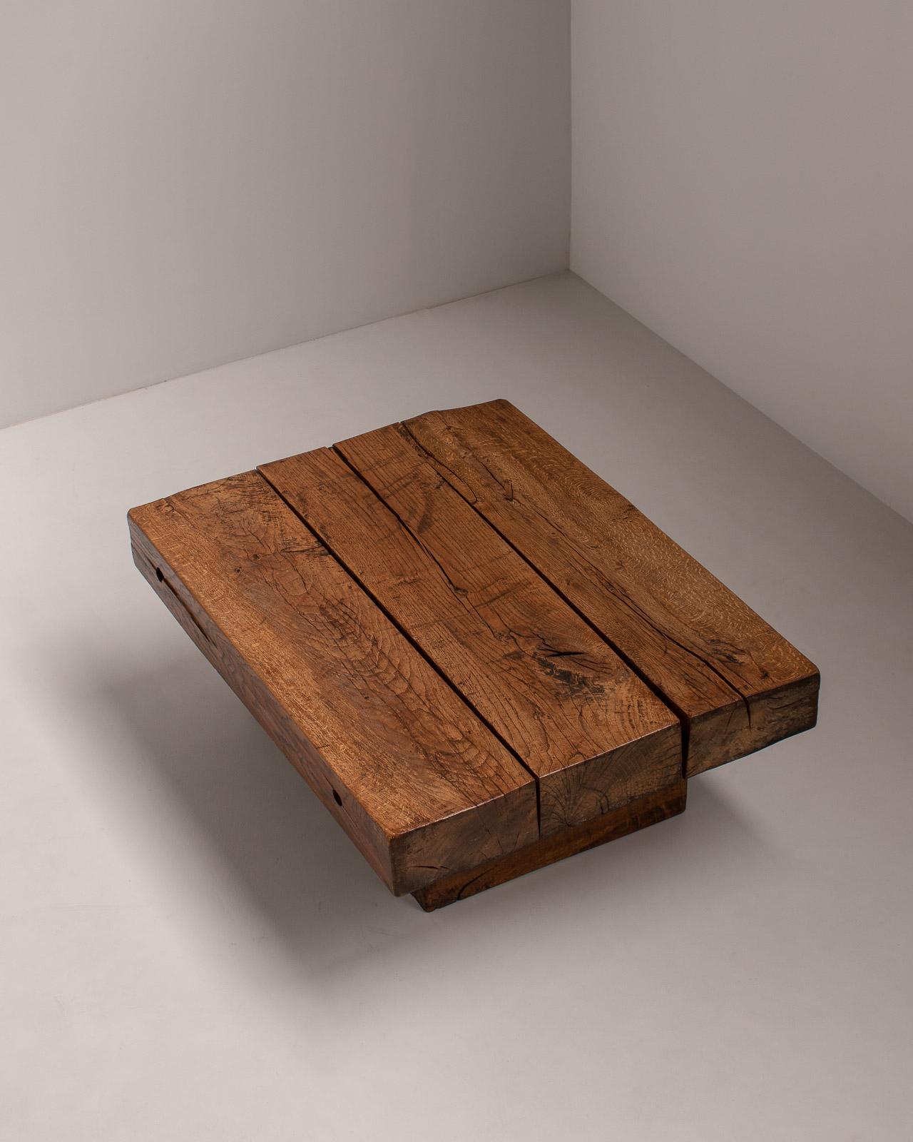 Mid-20th Century Solid Oak Wabi Sabi Rustic Wood Coffee Table, France, 1950s For Sale