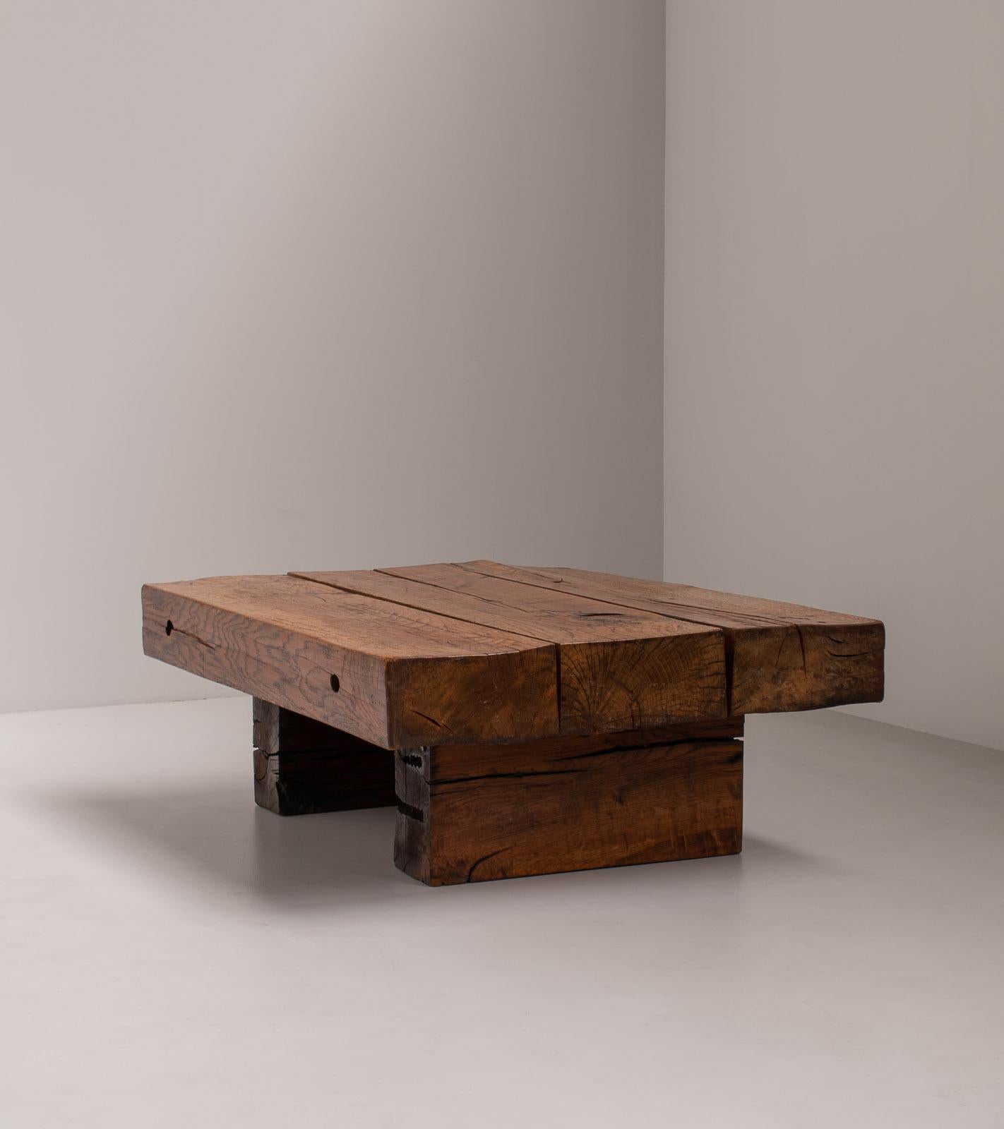 Solid Oak Wabi Sabi Rustic Wood Coffee Table, France, 1950s 2